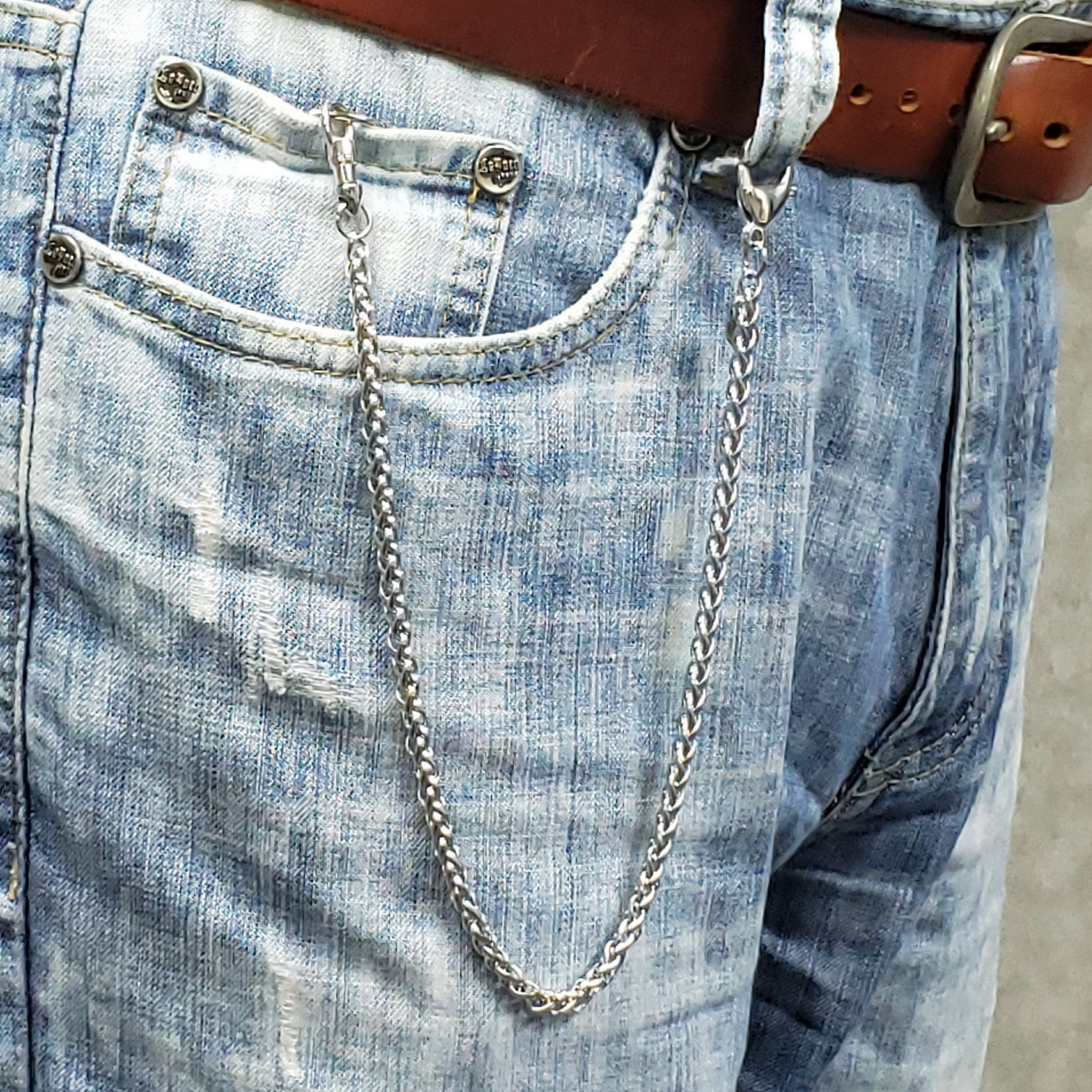 watchvshop, Stainless Steel Pocket Watch Chain Albert Chain with Steel Wheat Spiga Chain, Steel Albert Swivel Clasp, Steel Lobster Clasp FCS71