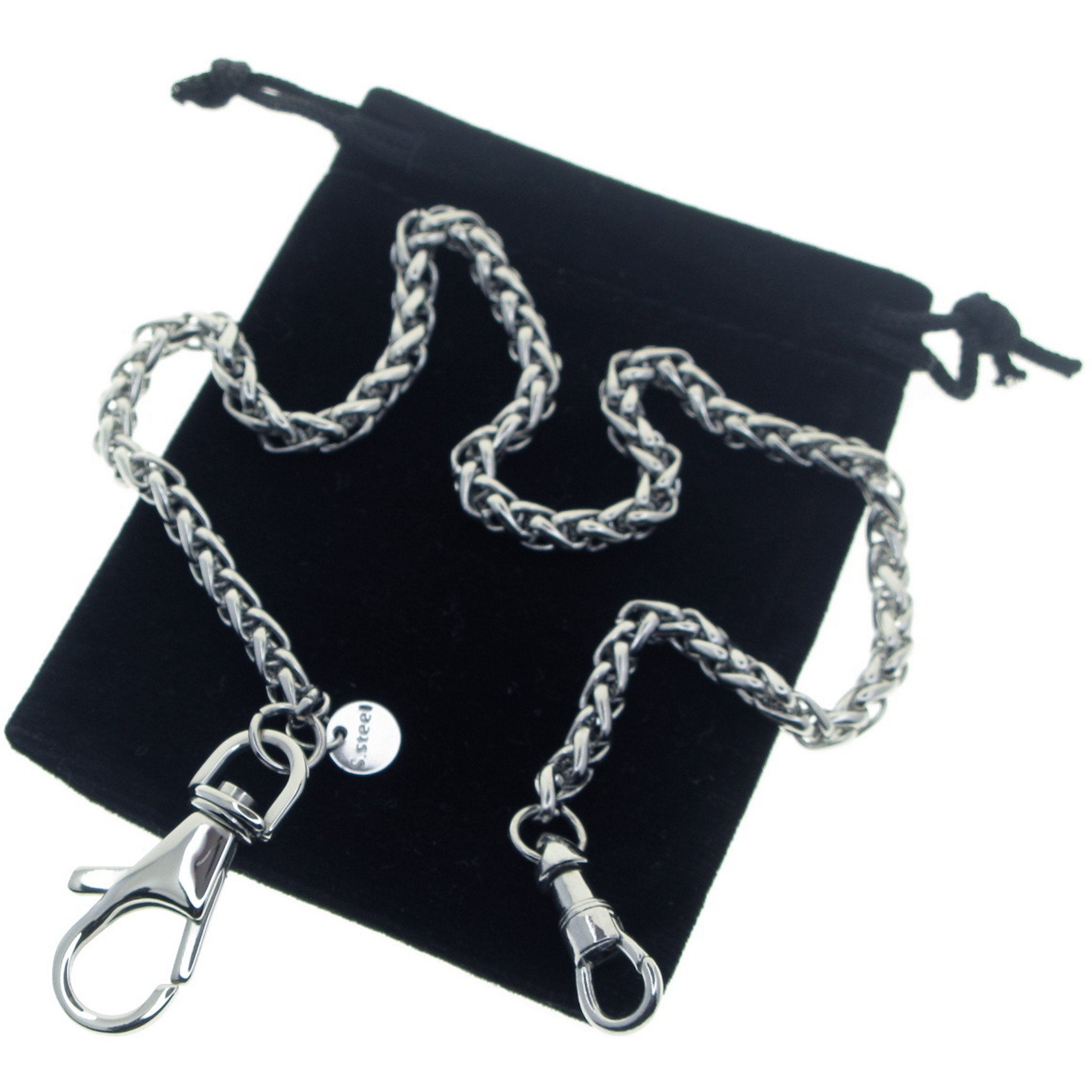 watchvshop Stainless Steel Pocket Watch Chain Albert Chain with Steel Spiga Wheat Chain, Steel Albert Swivel Clasp, Steel Swivel Lobster Clasp FCS72