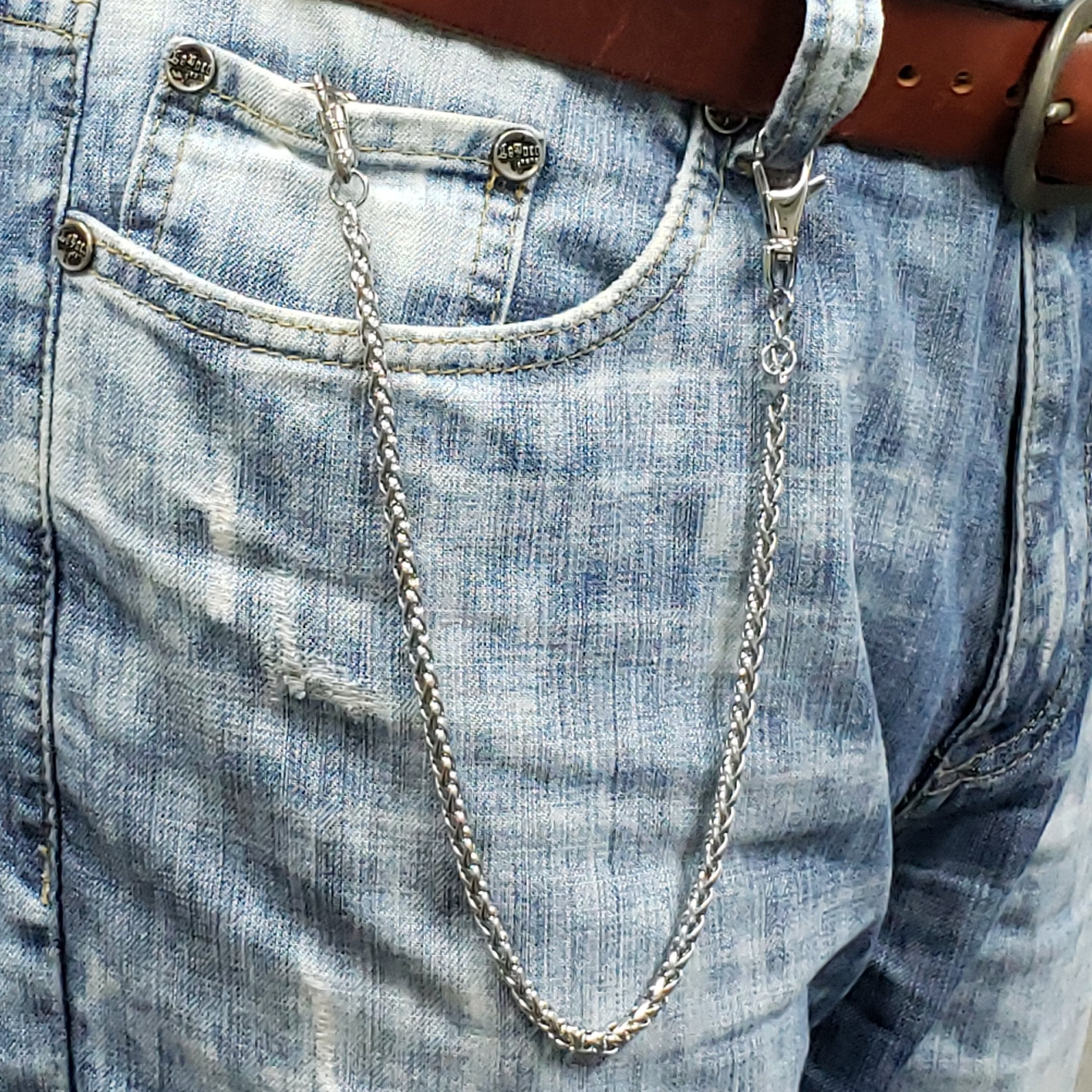 watchvshop Stainless Steel Pocket Watch Chain Albert Chain with Steel Spiga Wheat Chain, Steel Albert Swivel Clasp, Steel Swivel Lobster Clasp FCS72