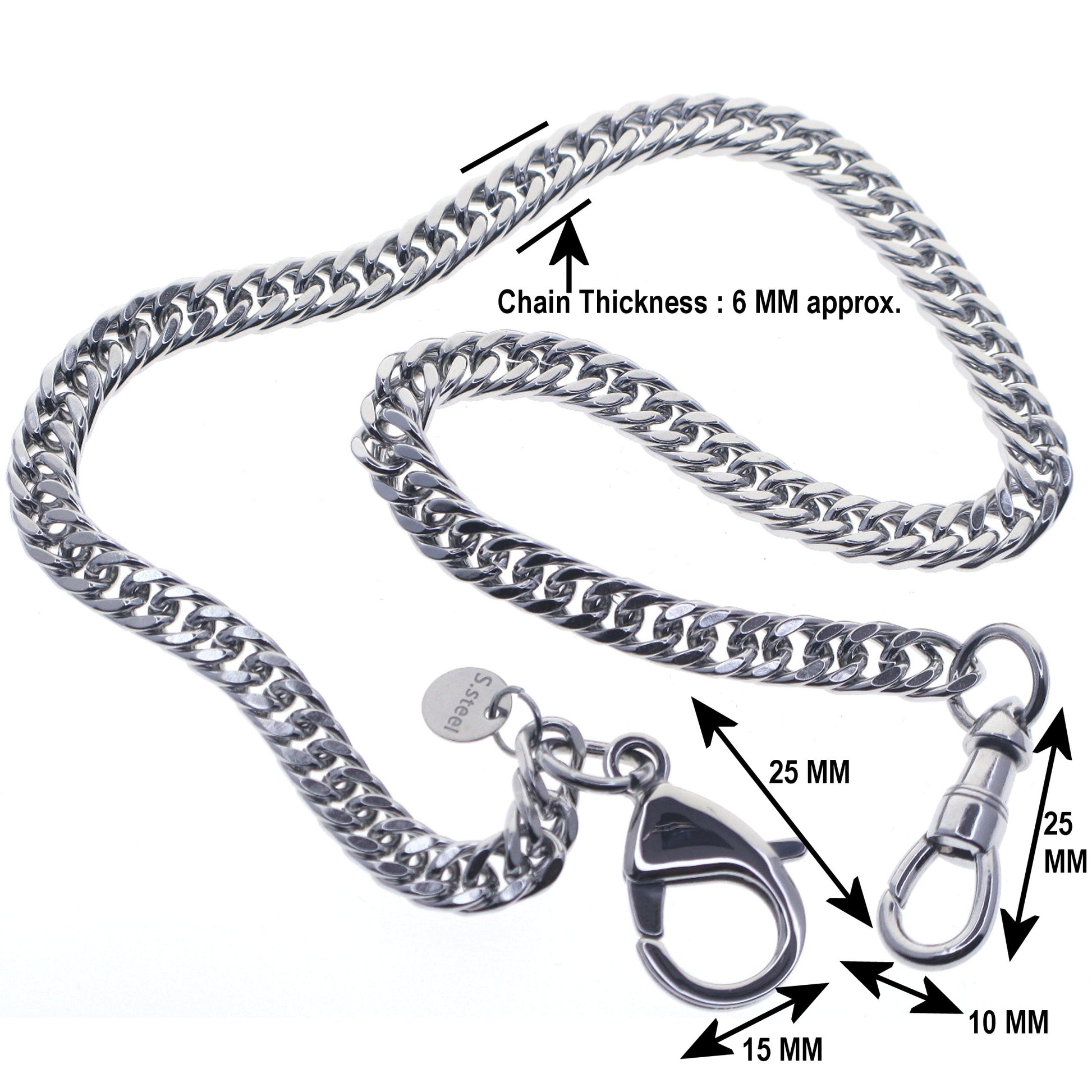 watchvshop, Stainless Steel Pocket Watch Chain Albert Chain with Steel Double Cuban Link Chain, Steel Albert Swivel Clasp, Steel Lobster Clasp FCS79