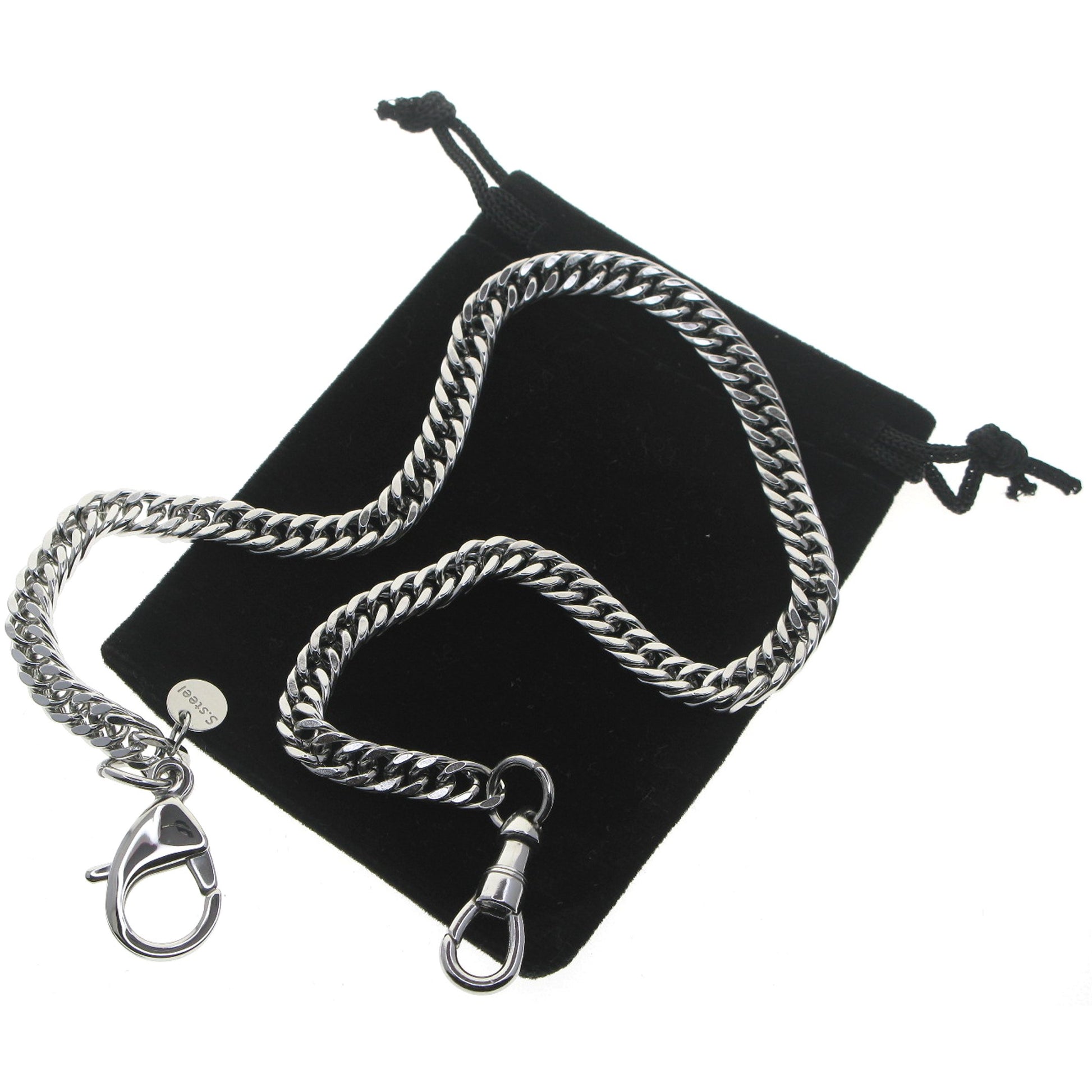 watchvshop, Stainless Steel Pocket Watch Chain Albert Chain with Steel Double Cuban Link Chain, Steel Albert Swivel Clasp, Steel Lobster Clasp FCS79