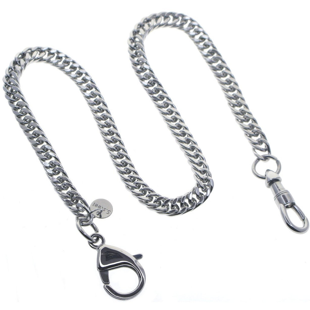 watchvshop, Stainless Steel Pocket Watch Chain Albert Chain with Steel Double Cuban Link Chain, Steel Albert Swivel Clasp, Steel Lobster Clasp FCS79