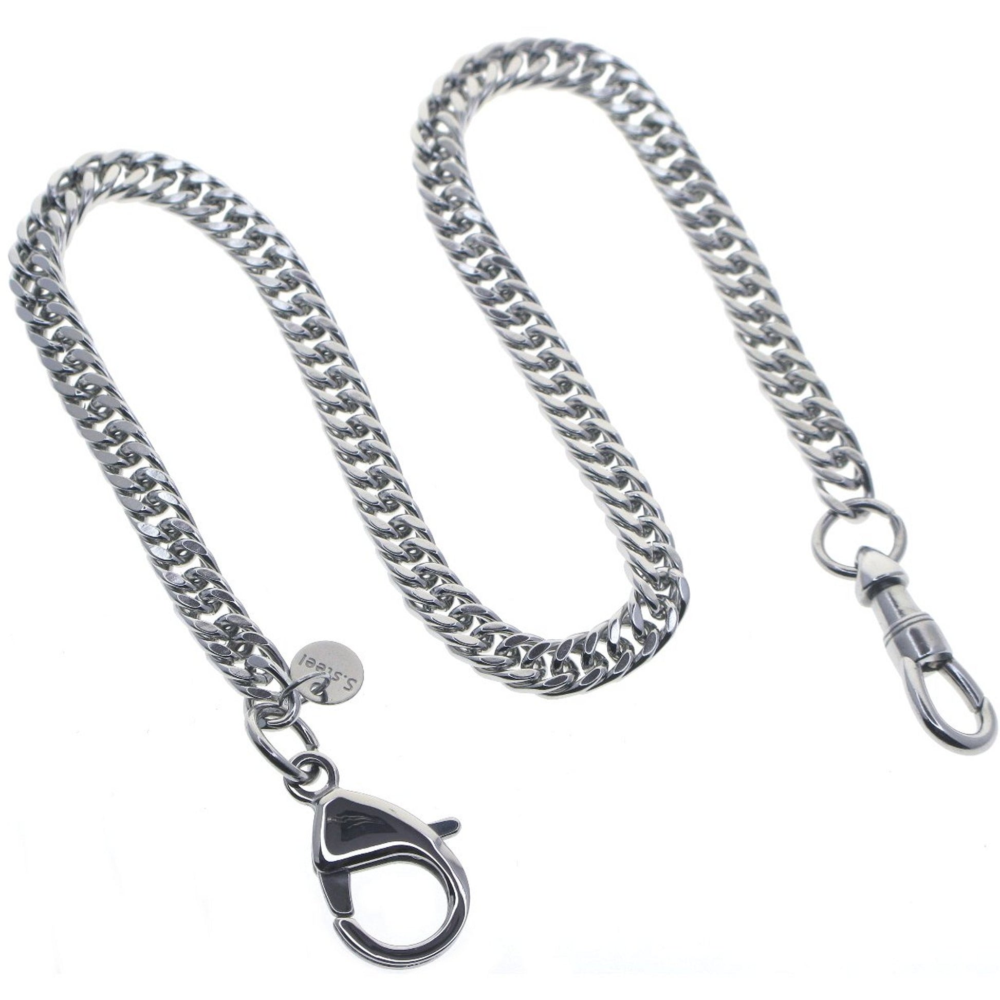 watchvshop, Stainless Steel Pocket Watch Chain Albert Chain with Steel Double Cuban Link Chain, Steel Albert Swivel Clasp, Steel Lobster Clasp FCS79
