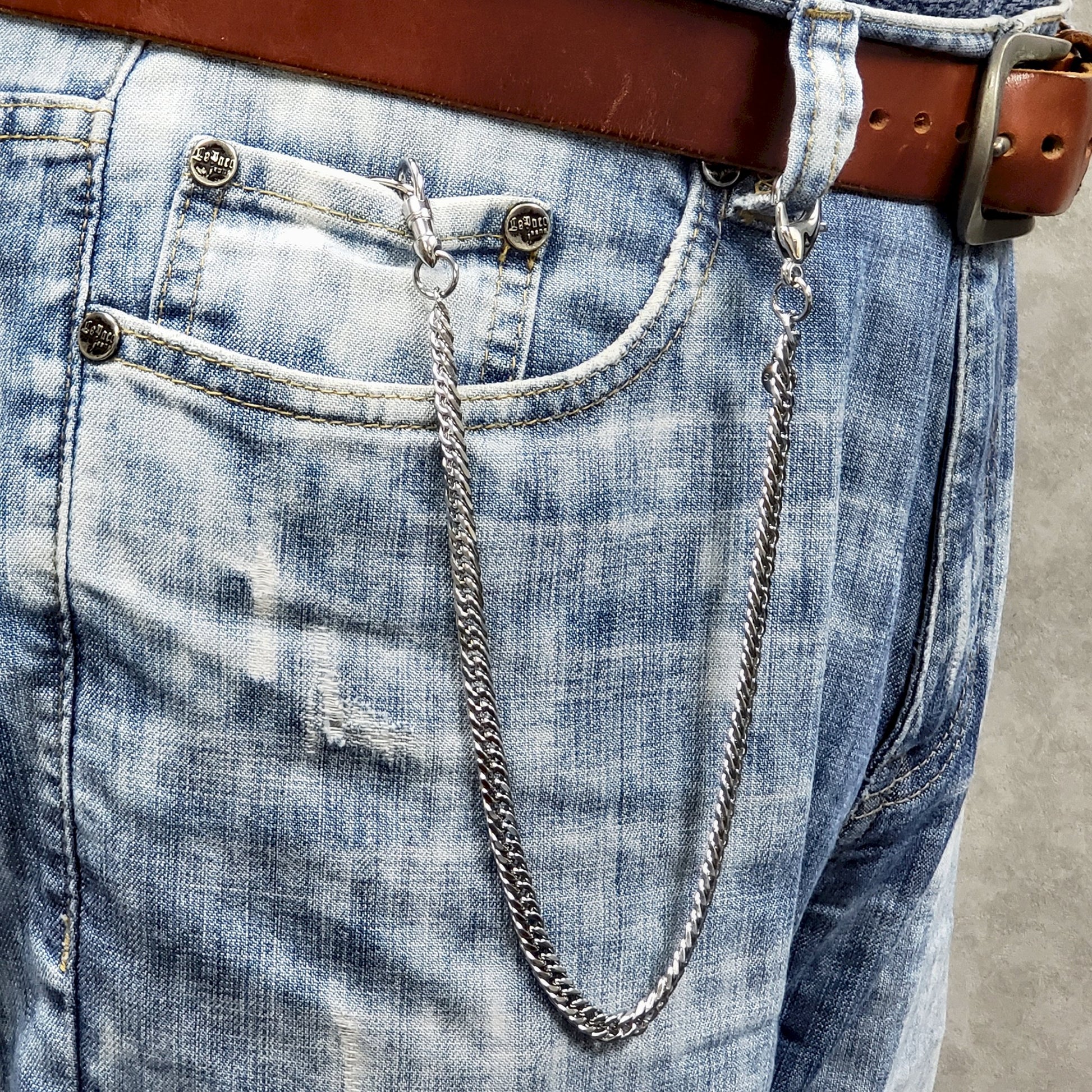 watchvshop, Stainless Steel Pocket Watch Chain Albert Chain with Steel Double Cuban Link Chain, Steel Albert Swivel Clasp, Steel Lobster Clasp FCS79