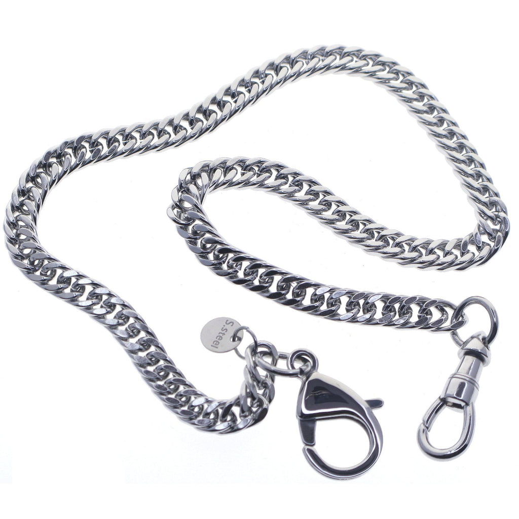 watchvshop, Stainless Steel Pocket Watch Chain Albert Chain with Steel Double Cuban Link Chain, Steel Albert Swivel Clasp, Steel Lobster Clasp FCS79