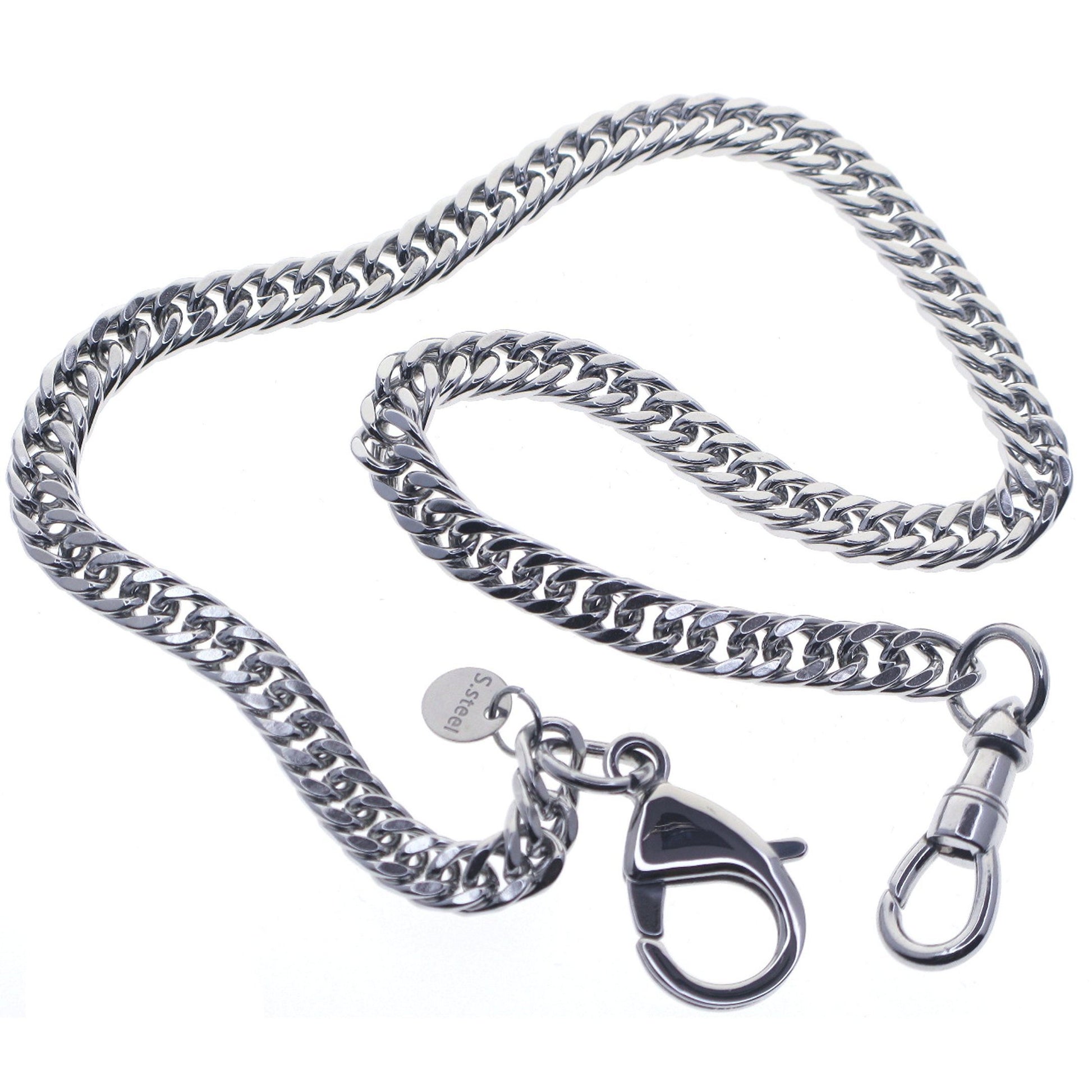 watchvshop, Stainless Steel Pocket Watch Chain Albert Chain with Steel Double Cuban Link Chain, Steel Albert Swivel Clasp, Steel Lobster Clasp FCS79