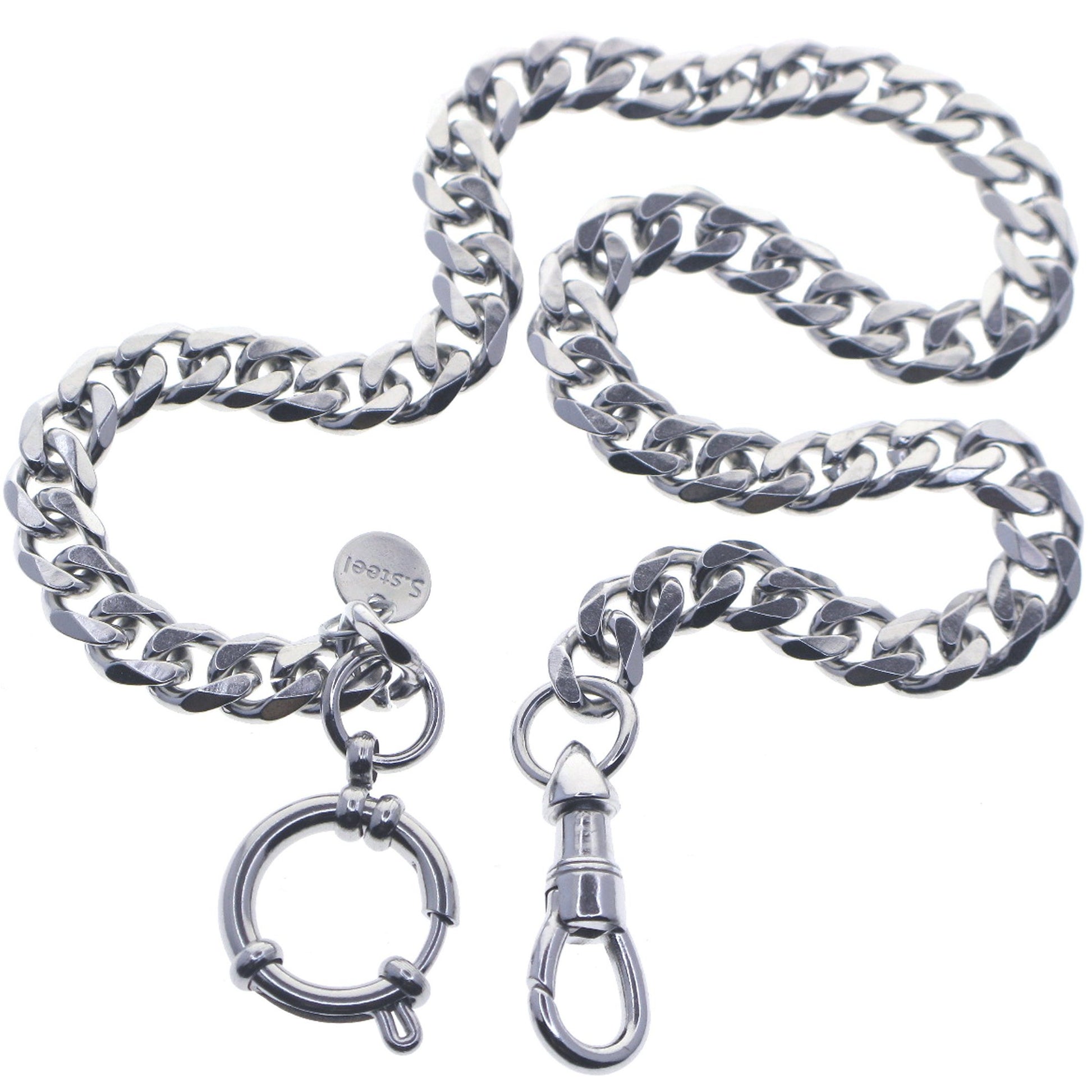 Stainless Steel Pocket Watch Chain Albert Chain with Steel Heavy Cuban Link Chain Chain, Steel Albert Swivel Clasp, Steel Spring Ring Clasp FCS82