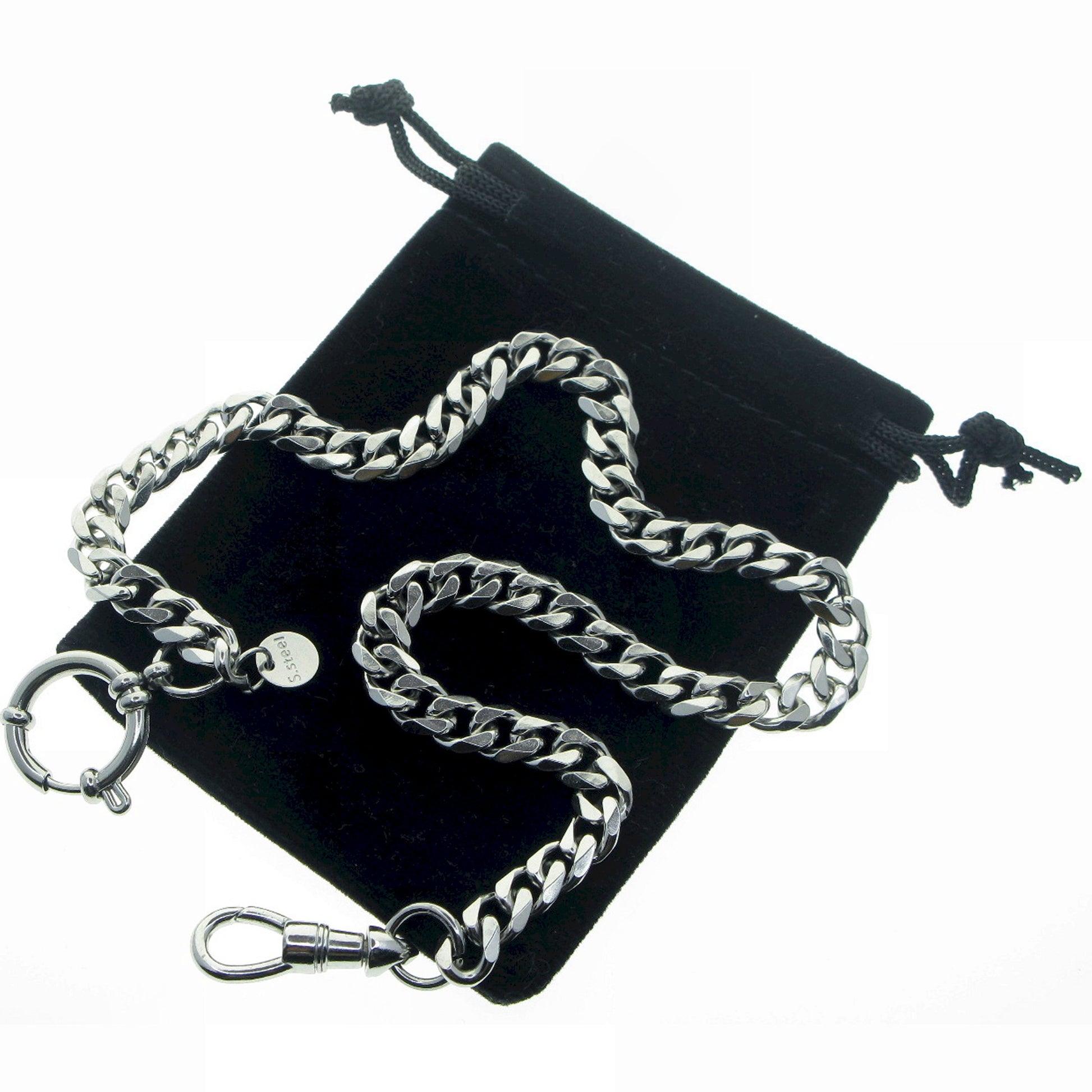 Stainless Steel Pocket Watch Chain Albert Chain with Steel Heavy Cuban Link Chain Chain, Steel Albert Swivel Clasp, Steel Spring Ring Clasp FCS82