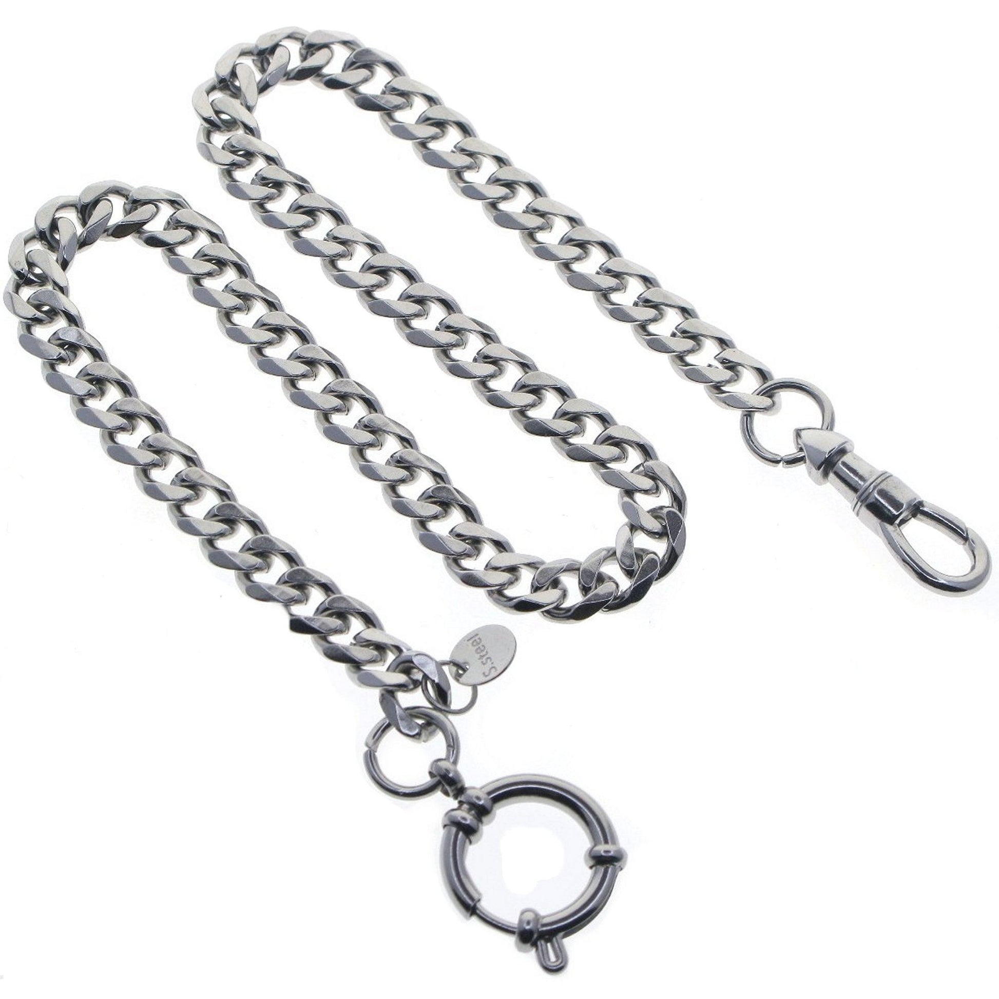 Stainless Steel Pocket Watch Chain Albert Chain with Steel Heavy Cuban Link Chain Chain, Steel Albert Swivel Clasp, Steel Spring Ring Clasp FCS82