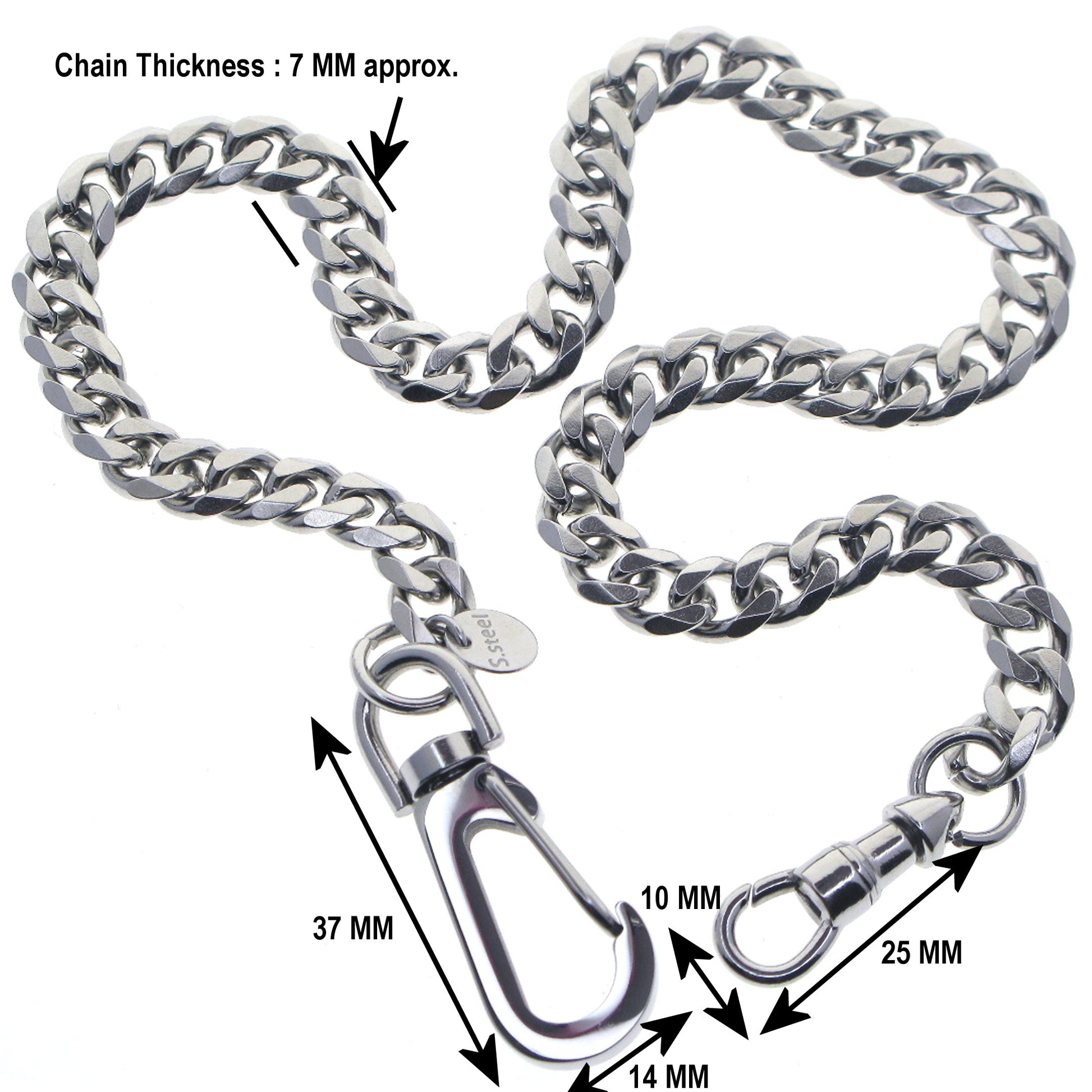 watchvshop Stainless Steel Pocket Watch Chain Albert Chain with Steel Heavy Cuban Chain, Steel Albert Swivel Clasp, Steel Big Swivel Clasp FCS85