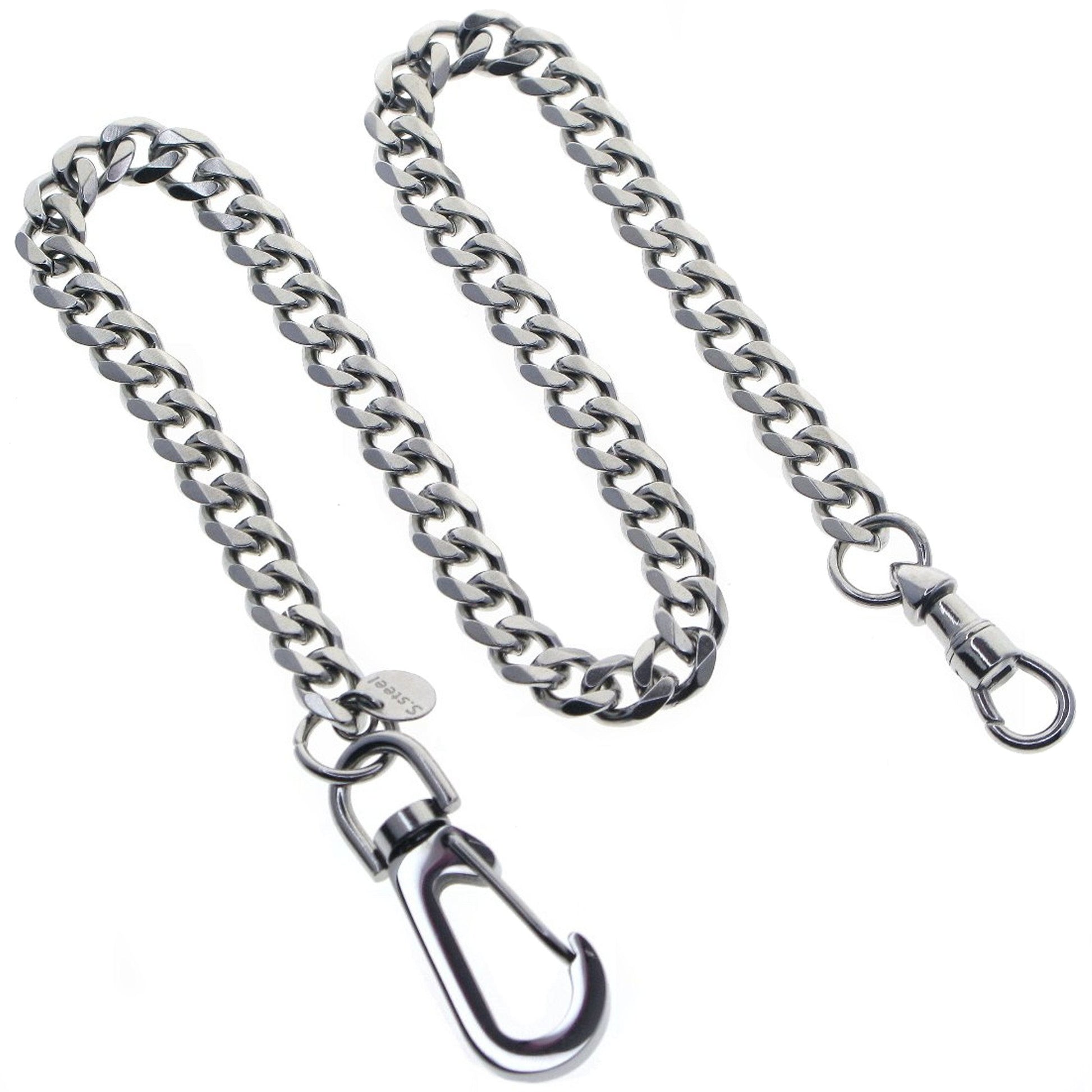 watchvshop Stainless Steel Pocket Watch Chain Albert Chain with Steel Heavy Cuban Chain, Steel Albert Swivel Clasp, Steel Big Swivel Clasp FCS85