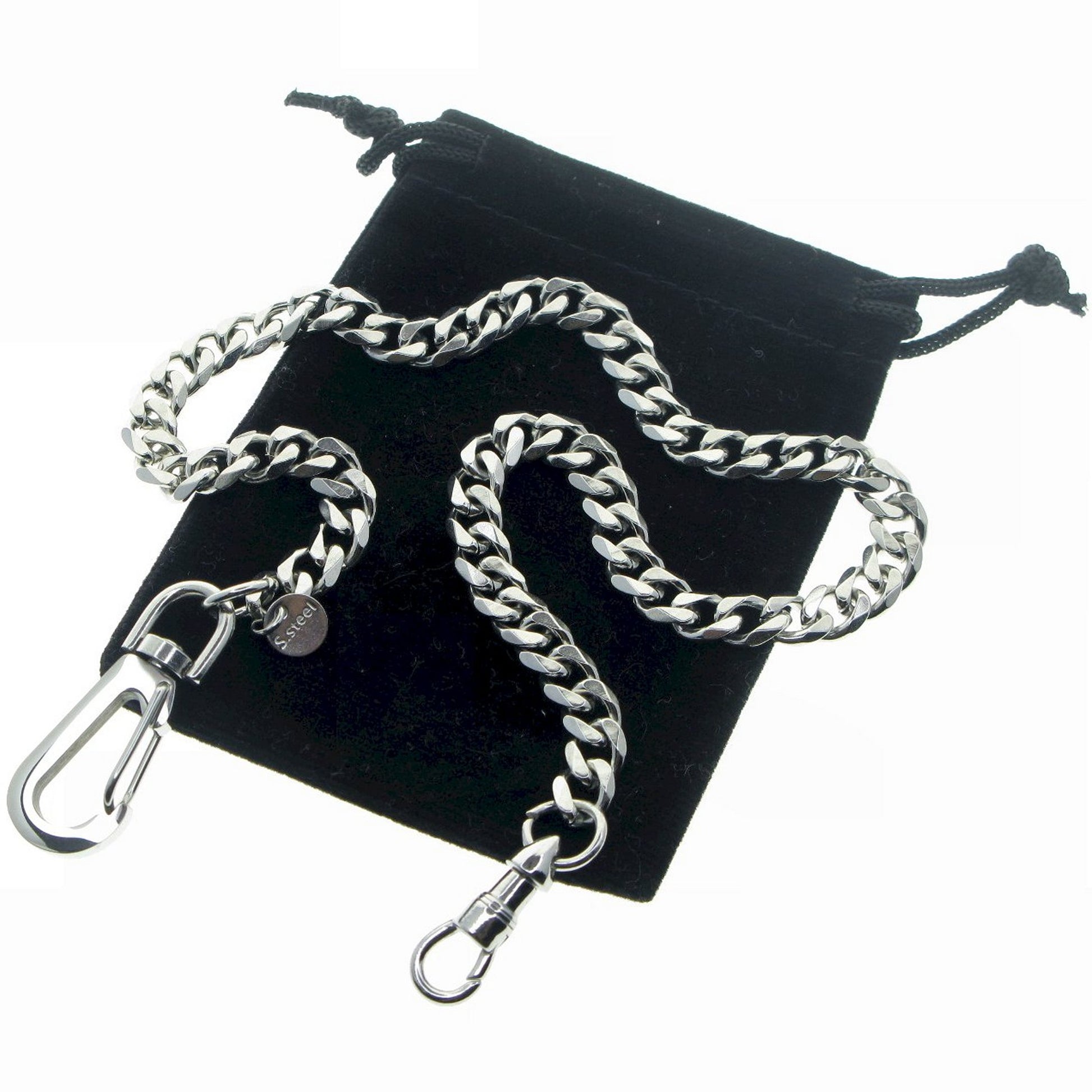 watchvshop Stainless Steel Pocket Watch Chain Albert Chain with Steel Heavy Cuban Chain, Steel Albert Swivel Clasp, Steel Big Swivel Clasp FCS85