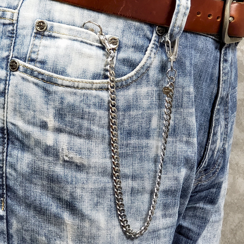 watchvshop Stainless Steel Pocket Watch Chain Albert Chain with Steel Heavy Cuban Chain, Steel Albert Swivel Clasp, Steel Big Swivel Clasp FCS85