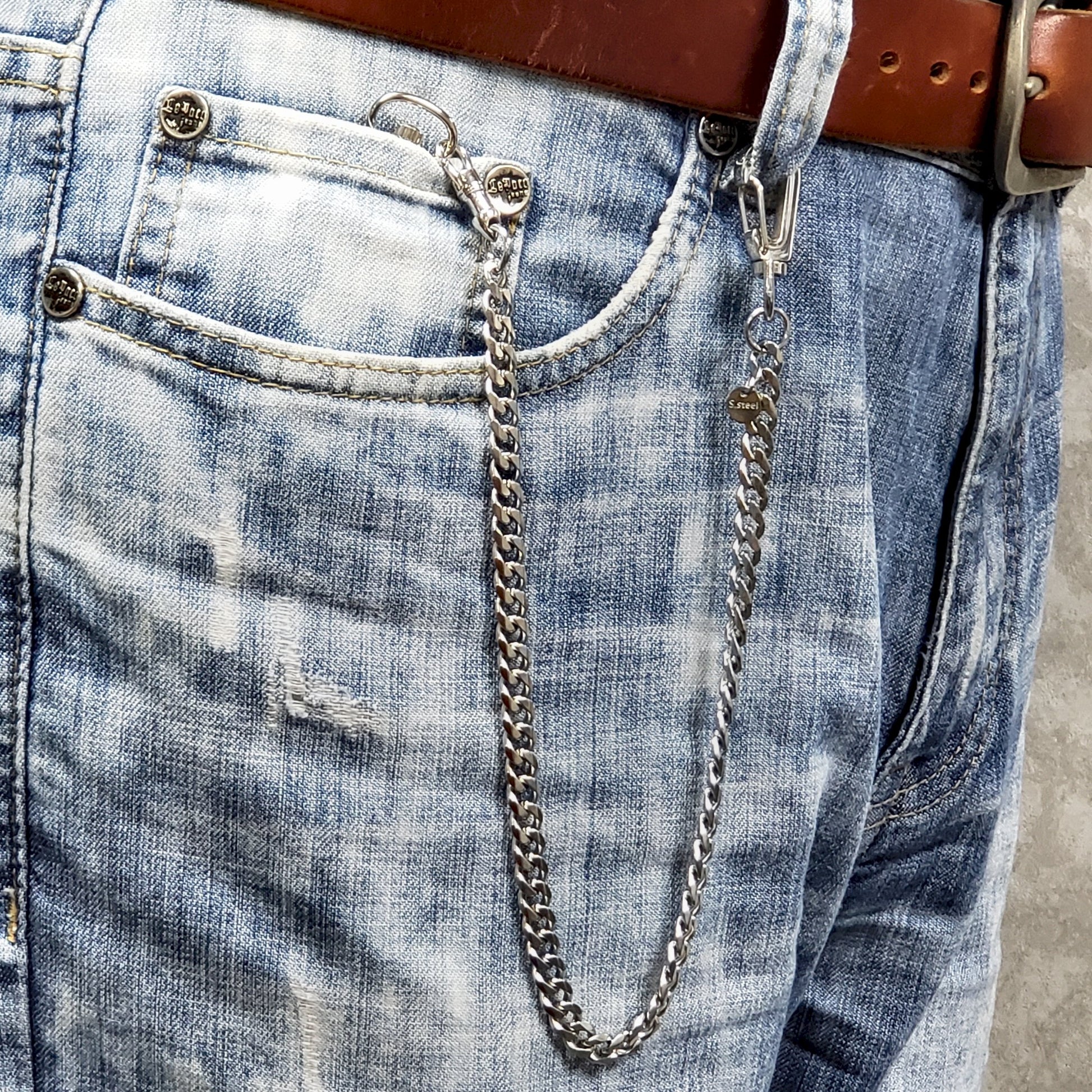 watchvshop Stainless Steel Pocket Watch Chain Albert Chain with Steel Heavy Cuban Chain, Steel Albert Swivel Clasp, Steel Big Swivel Clasp FCS85