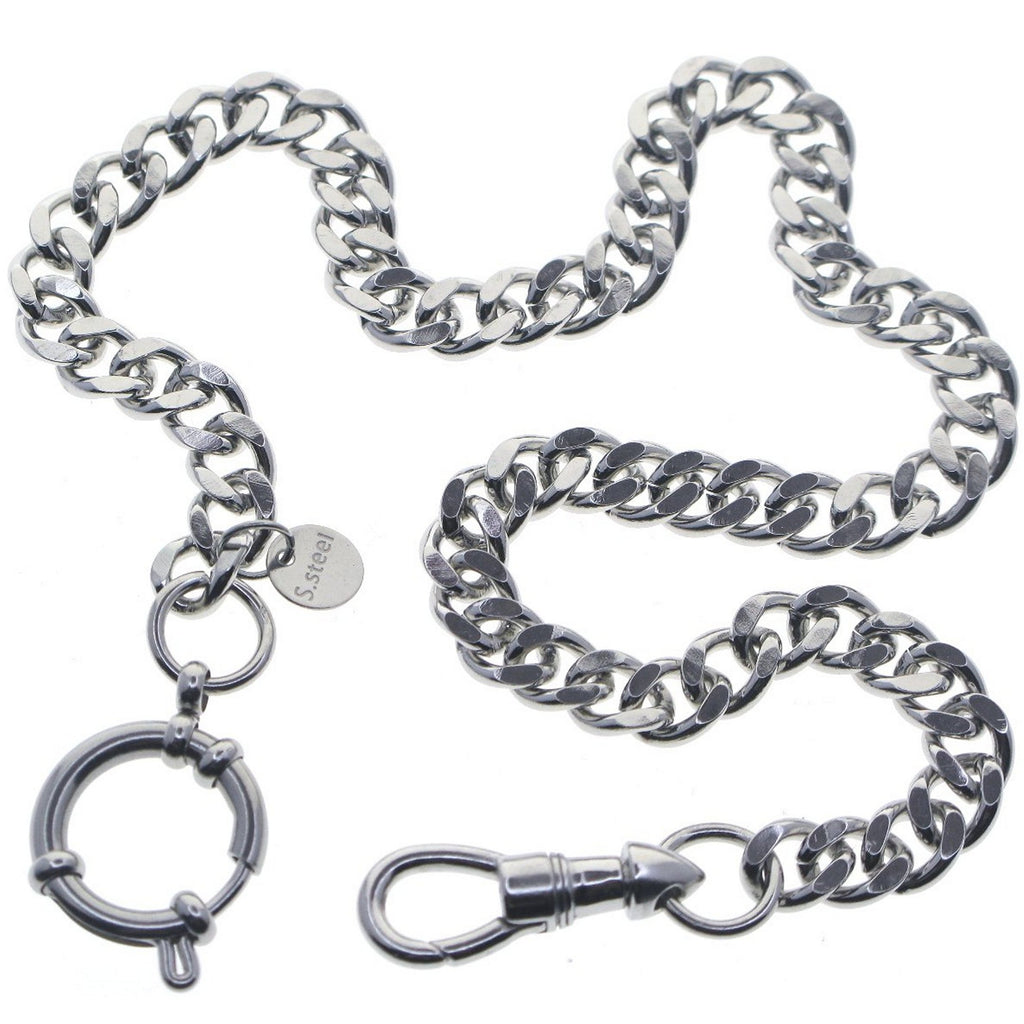 Stainless Steel Pocket Watch Chain Albert Chain with Steel Cuban Link Chain Chain, Steel Albert Swivel Clasp, Steel Spring Ring Clasp FCS86