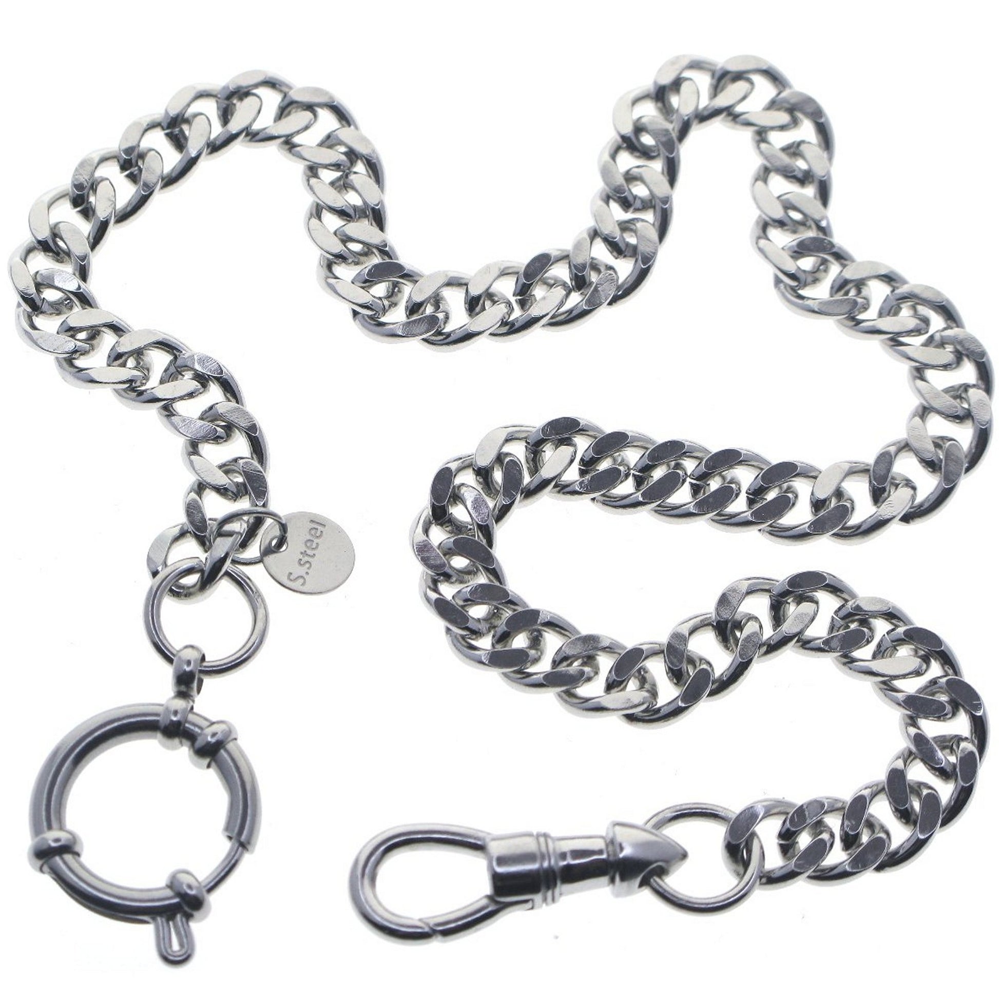 Stainless Steel Pocket Watch Chain Albert Chain with Steel Cuban Link Chain Chain, Steel Albert Swivel Clasp, Steel Spring Ring Clasp FCS86