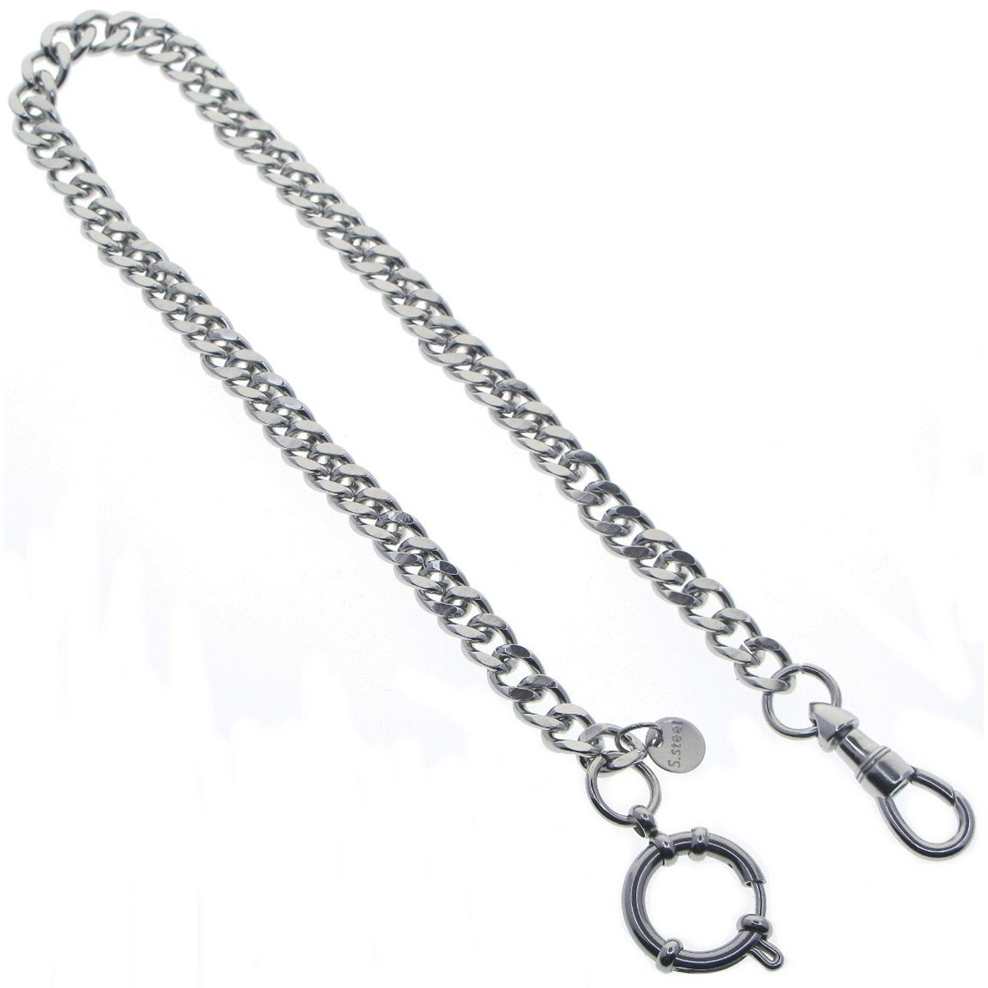 Stainless Steel Pocket Watch Chain Albert Chain with Steel Cuban Link Chain Chain, Steel Albert Swivel Clasp, Steel Spring Ring Clasp FCS86