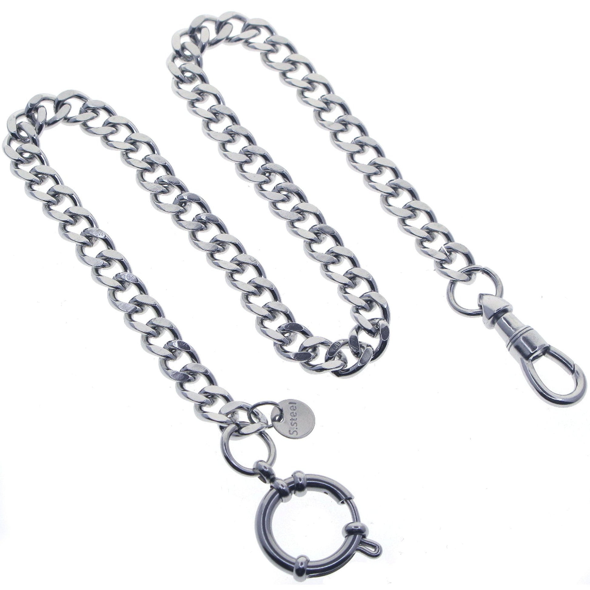 Stainless Steel Pocket Watch Chain Albert Chain with Steel Cuban Link Chain Chain, Steel Albert Swivel Clasp, Steel Spring Ring Clasp FCS86