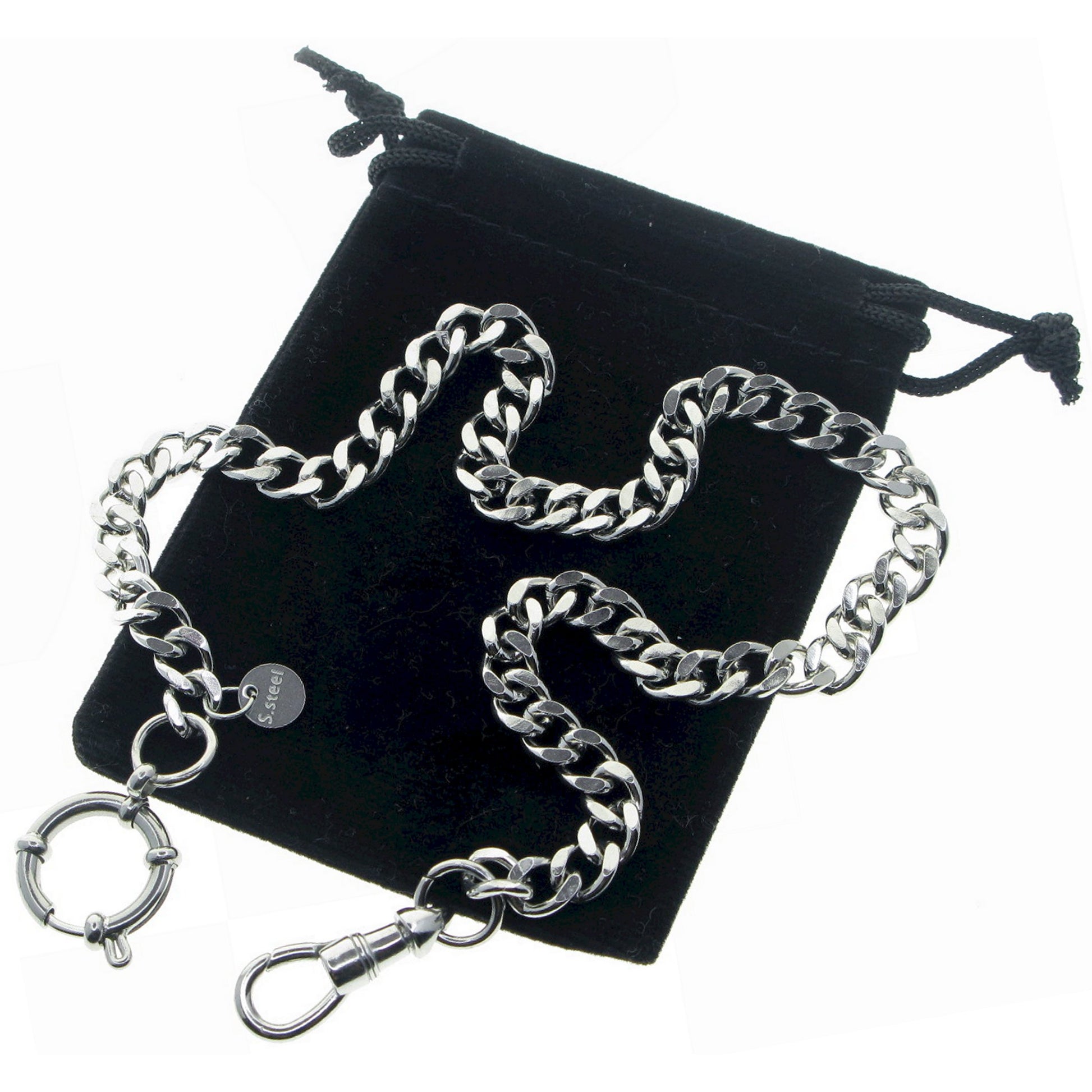 Stainless Steel Pocket Watch Chain Albert Chain with Steel Cuban Link Chain Chain, Steel Albert Swivel Clasp, Steel Spring Ring Clasp FCS86