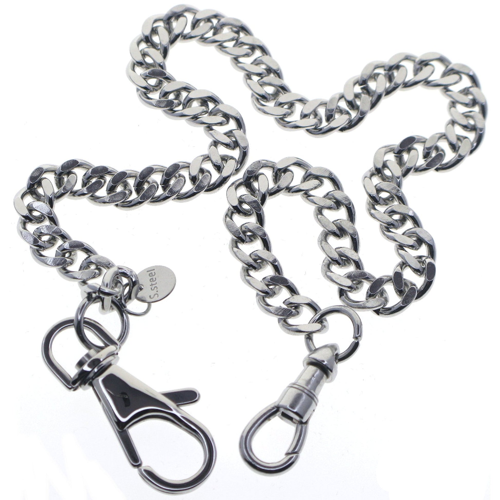watchvshop Stainless Steel Pocket Watch Chain Albert Chain with Steel Cuban Link Chain, Steel Albert Swivel Clasp, Steel Swivel Lobster Clasp FCS88