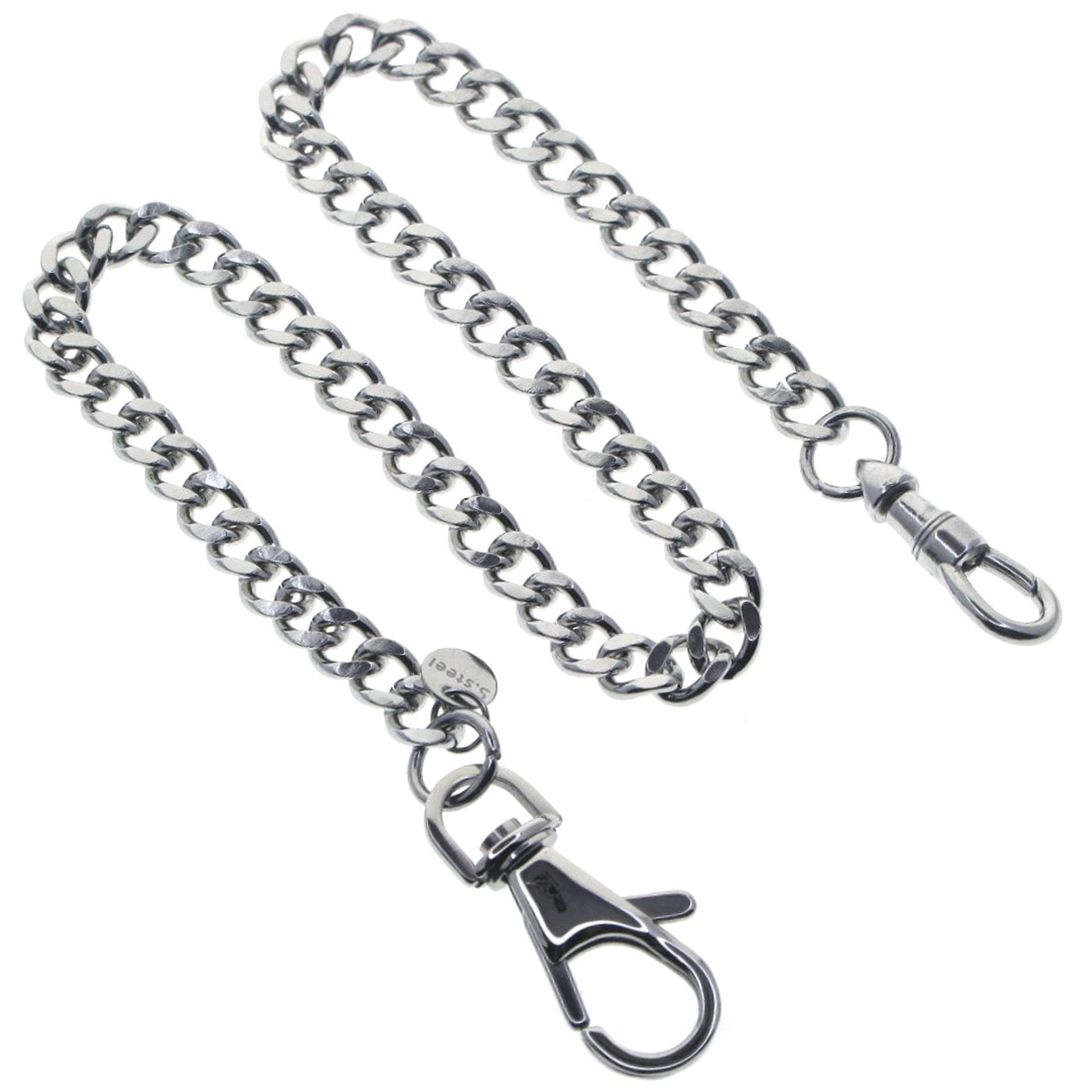 watchvshop Stainless Steel Pocket Watch Chain Albert Chain with Steel Cuban Link Chain, Steel Albert Swivel Clasp, Steel Swivel Lobster Clasp FCS88