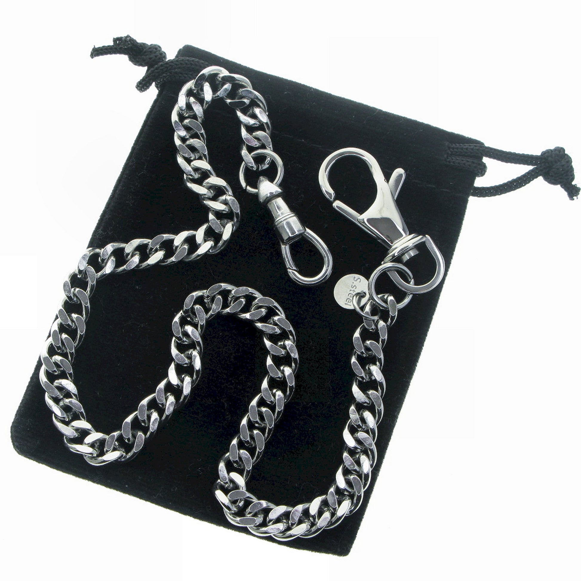 watchvshop Stainless Steel Pocket Watch Chain Albert Chain with Steel Cuban Link Chain, Steel Albert Swivel Clasp, Steel Swivel Lobster Clasp FCS88