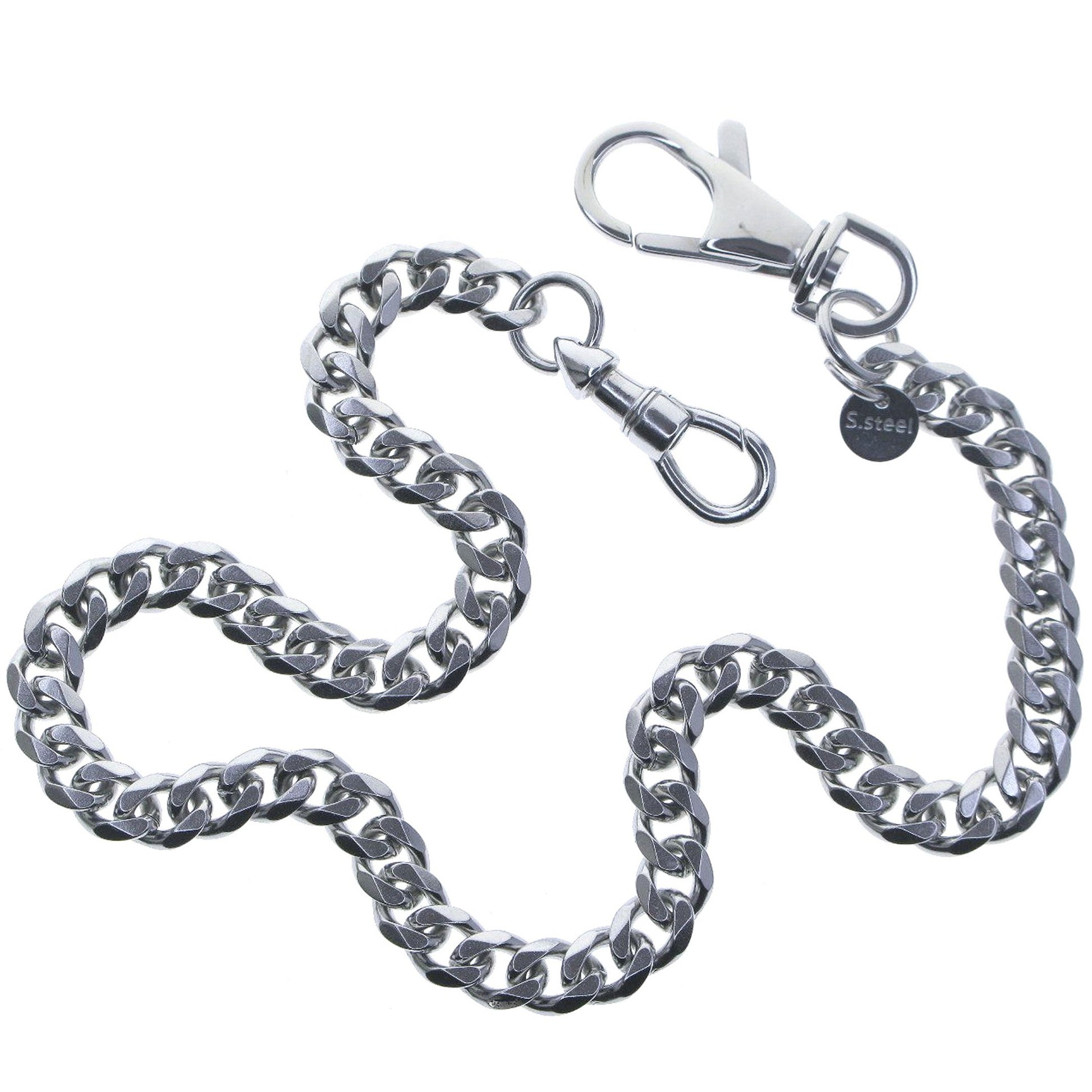 watchvshop Stainless Steel Pocket Watch Chain Albert Chain with Steel Cuban Link Chain, Steel Albert Swivel Clasp, Steel Swivel Lobster Clasp FCS88
