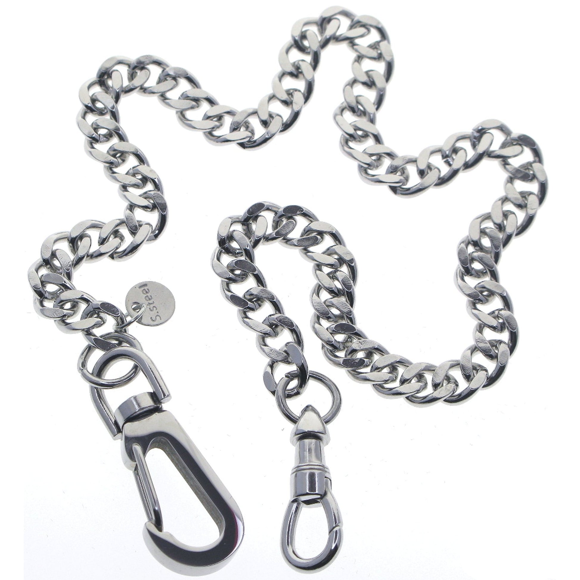 watchvshop Stainless Steel Pocket Watch Chain Albert Chain with Steel Cuban Link Chain, Steel Albert Swivel Clasp, Steel Big Swivel Clasp FCS89