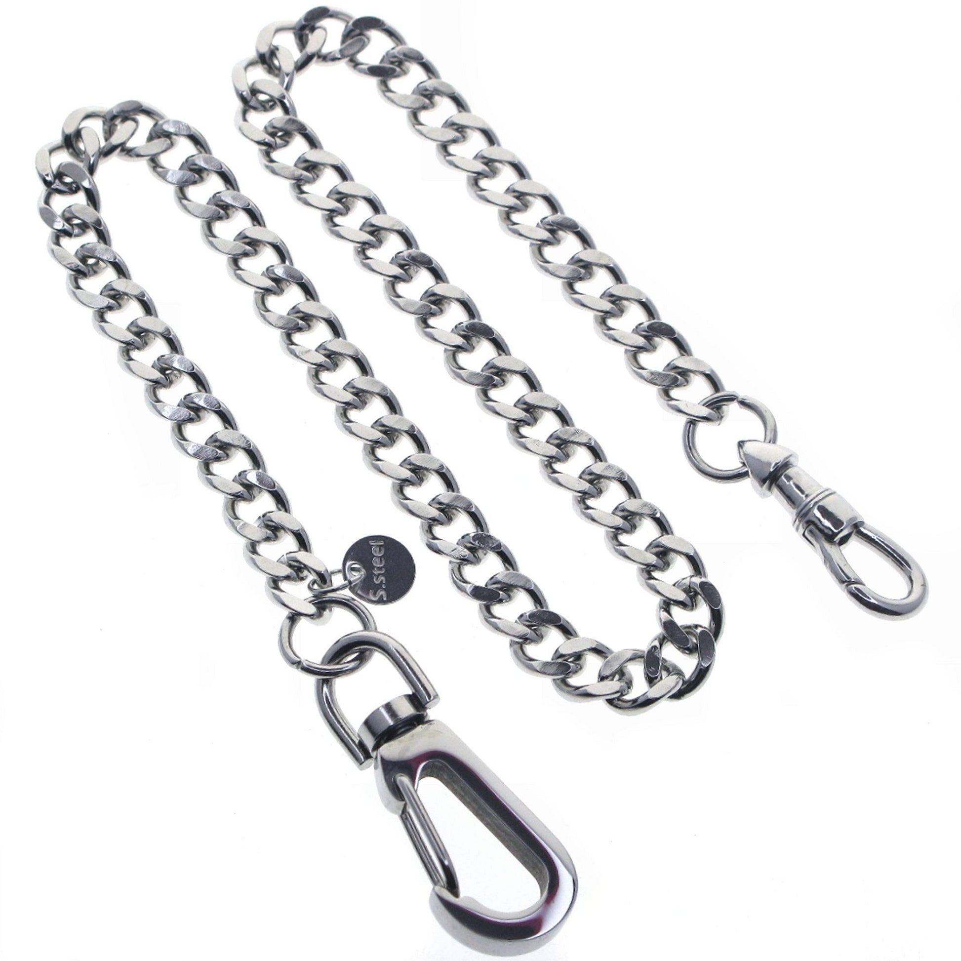 watchvshop Stainless Steel Pocket Watch Chain Albert Chain with Steel Cuban Link Chain, Steel Albert Swivel Clasp, Steel Big Swivel Clasp FCS89