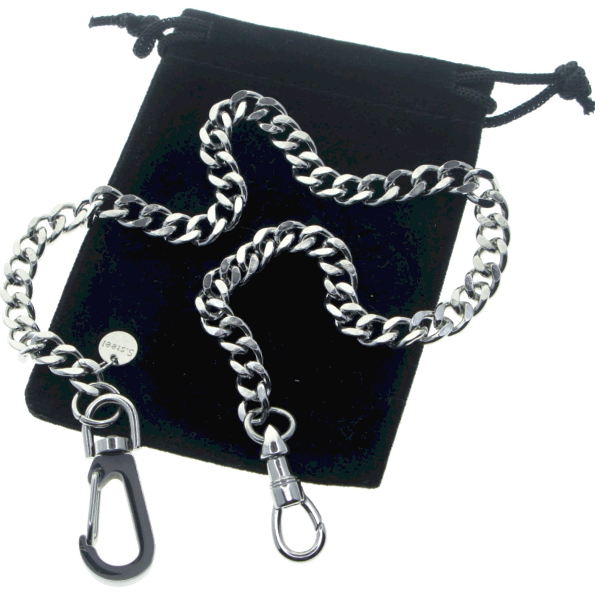 watchvshop Stainless Steel Pocket Watch Chain Albert Chain with Steel Cuban Link Chain, Steel Albert Swivel Clasp, Steel Big Swivel Clasp FCS89