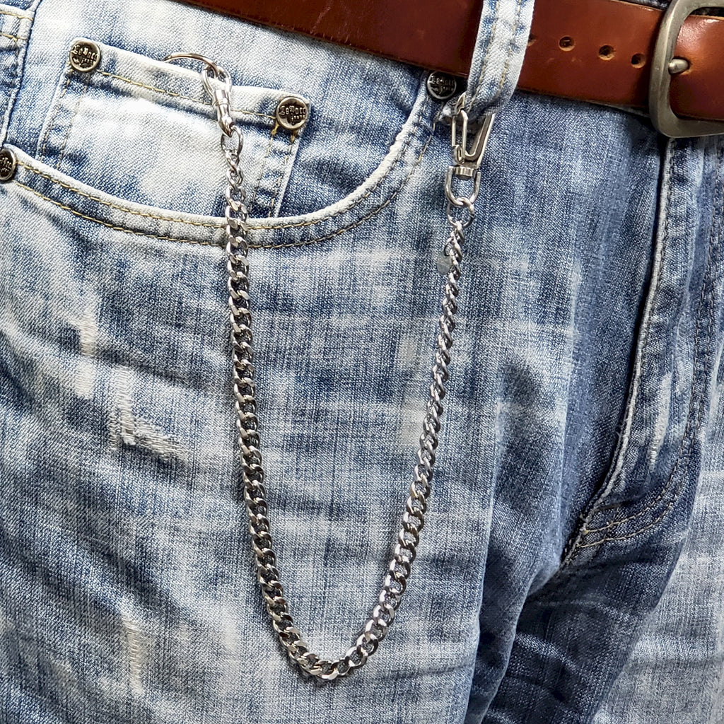 watchvshop Stainless Steel Pocket Watch Chain Albert Chain with Steel Cuban Link Chain, Steel Albert Swivel Clasp, Steel Big Swivel Clasp FCS89