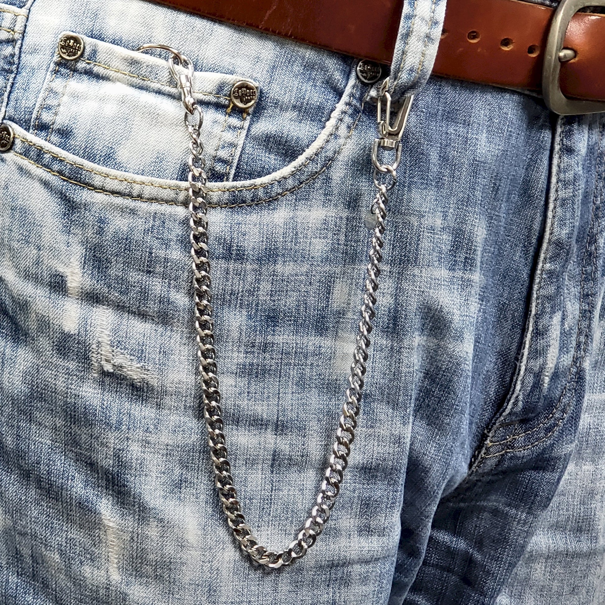 watchvshop Stainless Steel Pocket Watch Chain Albert Chain with Steel Cuban Link Chain, Steel Albert Swivel Clasp, Steel Big Swivel Clasp FCS89