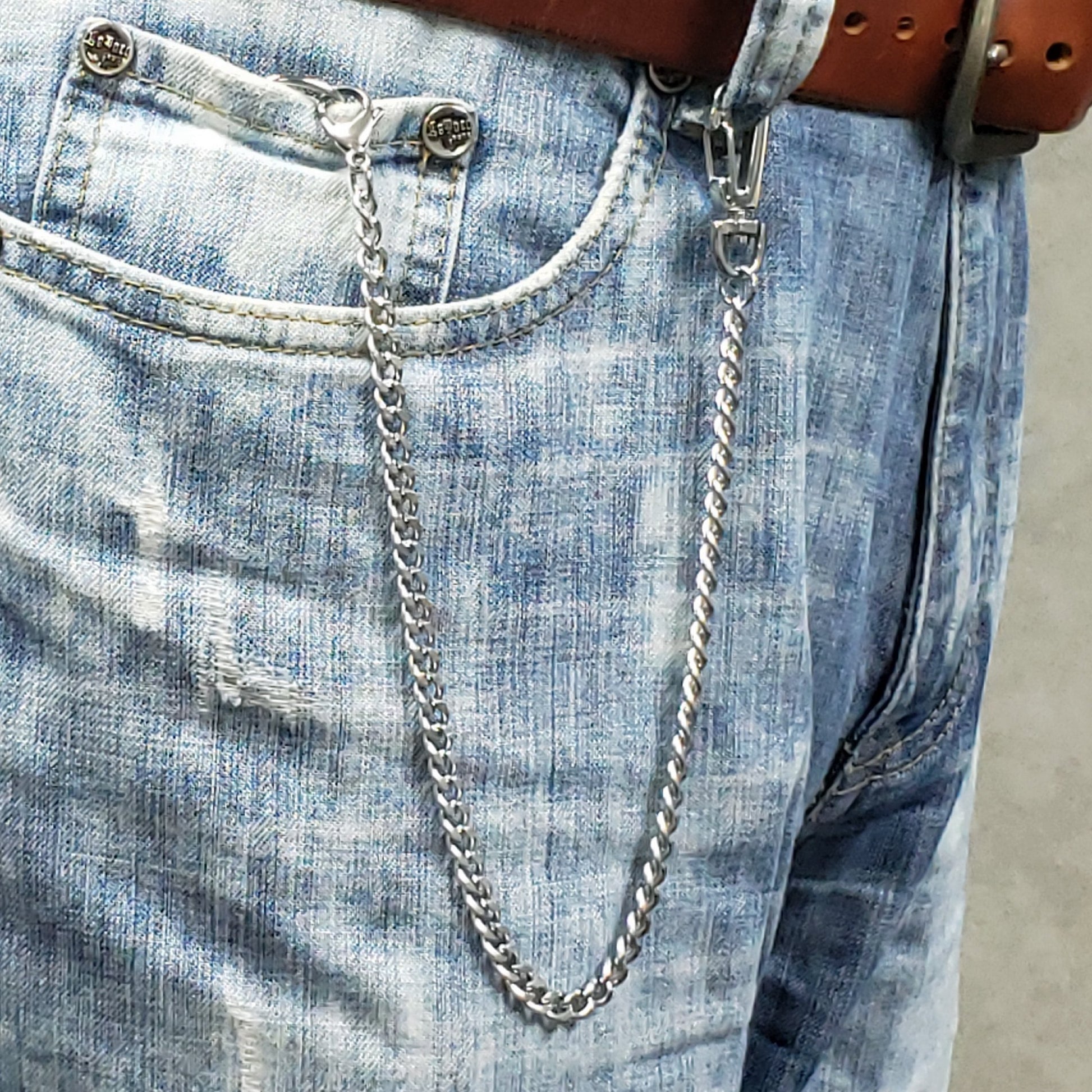 watchvshop Stainless Steel Pocket Watch Chain Albert Chain with Steel Cuban Link Chain, Steel Albert Swivel Clasp, Steel Big Swivel Clasp FCS89