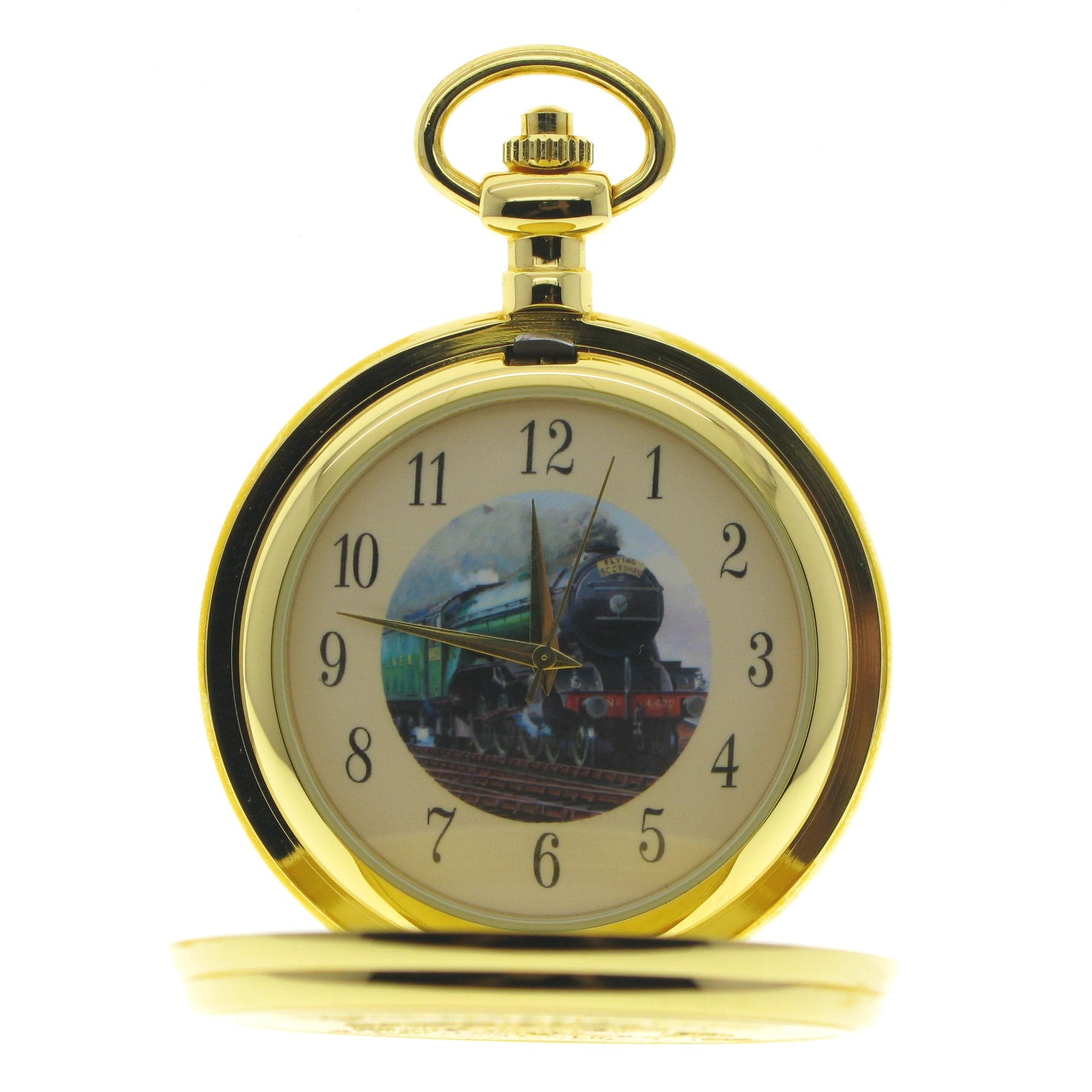Gold Pocket Watch with Flying Scotsman Steam Train Photo Dial