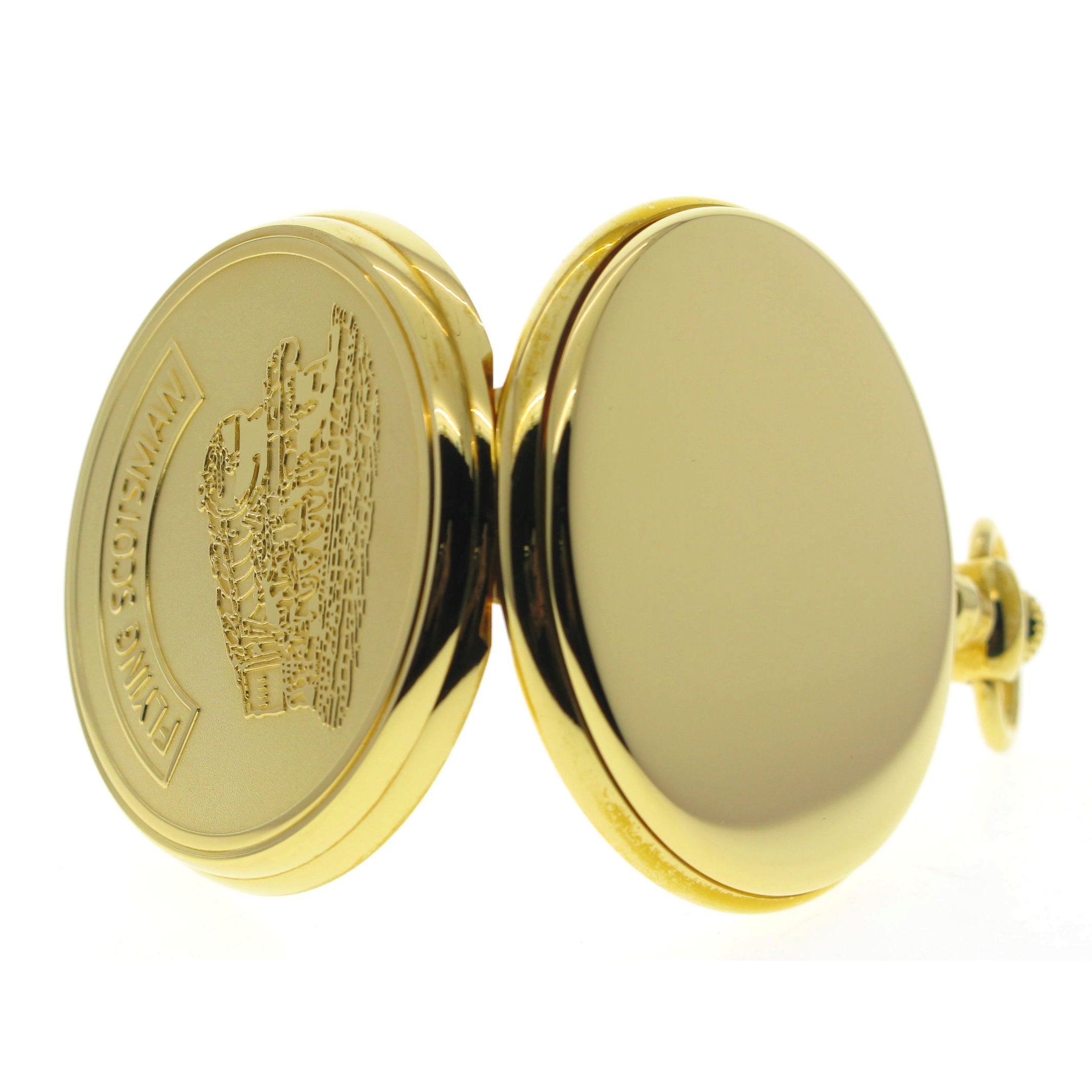 Gold Pocket Watch with Flying Scotsman Steam Train Design side veiw