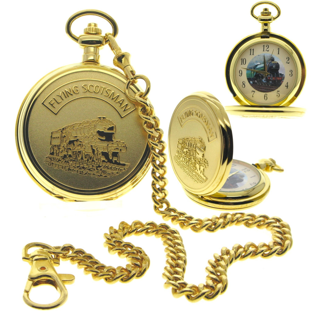 Gold Pocket Watch with Flying Scotsman Steam Train engraving cover