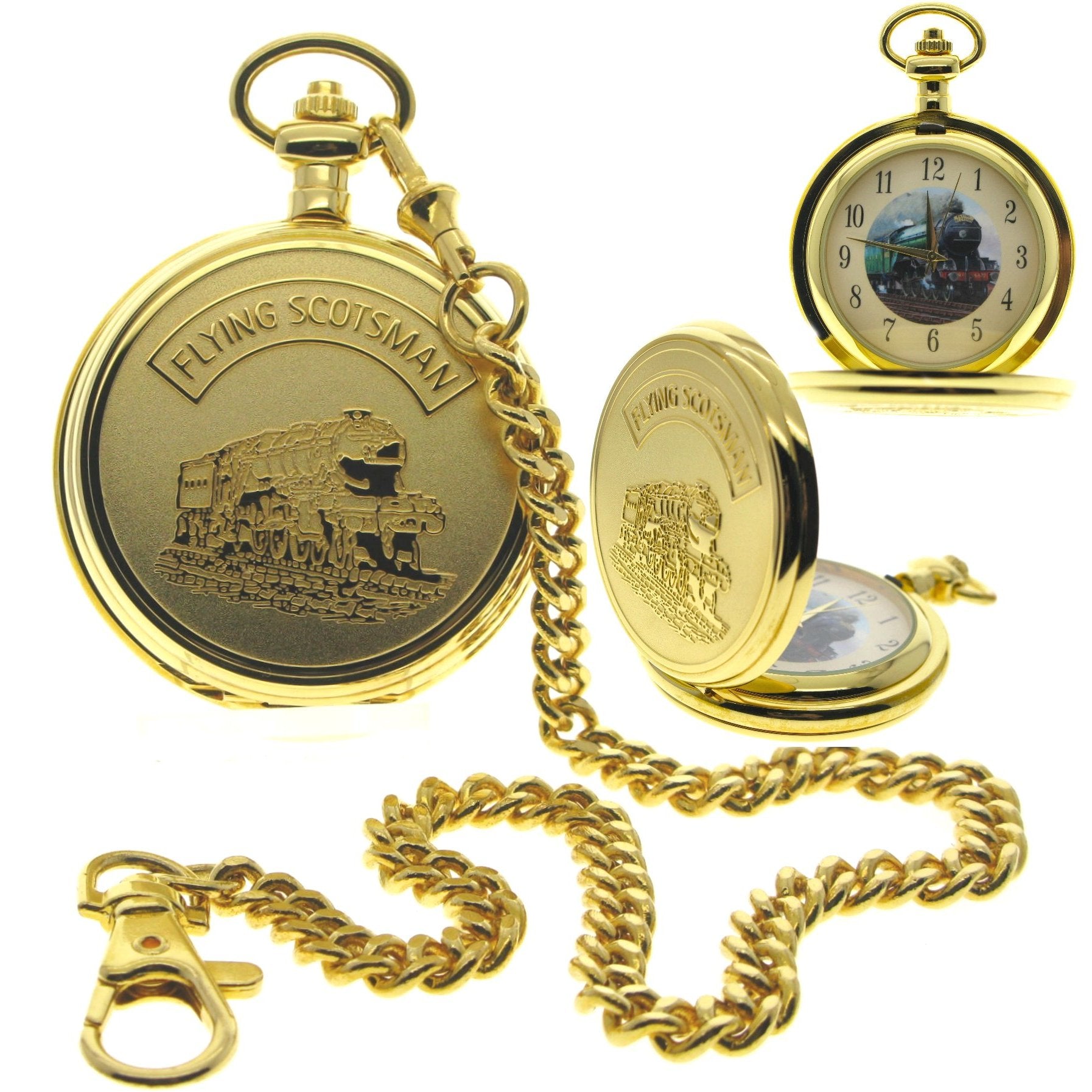 Gold Pocket Watch with Flying Scotsman Steam Train engraving cover