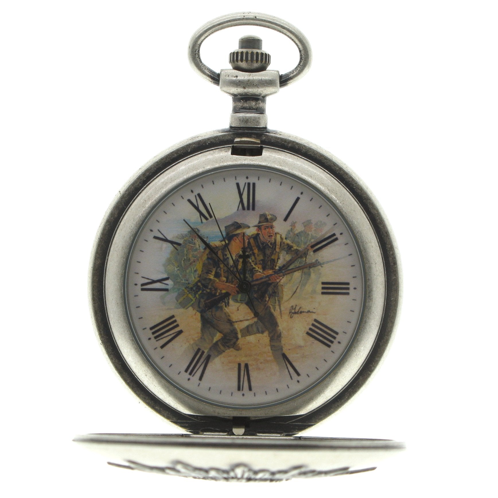 Silver Pocket Watch with Gallipoli Landing Picture watch dial