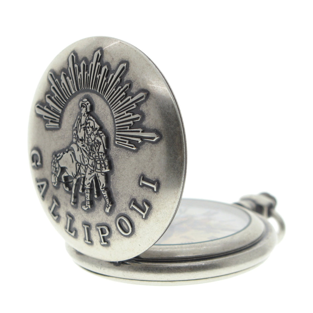 Silver Pocket Watch with Gallipoli Landing engraving logo cover