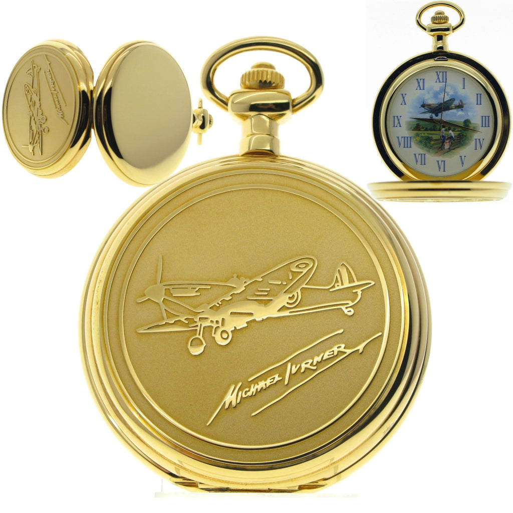 Gold Pocket Watch with Lancaster Bomber Design Cover front view