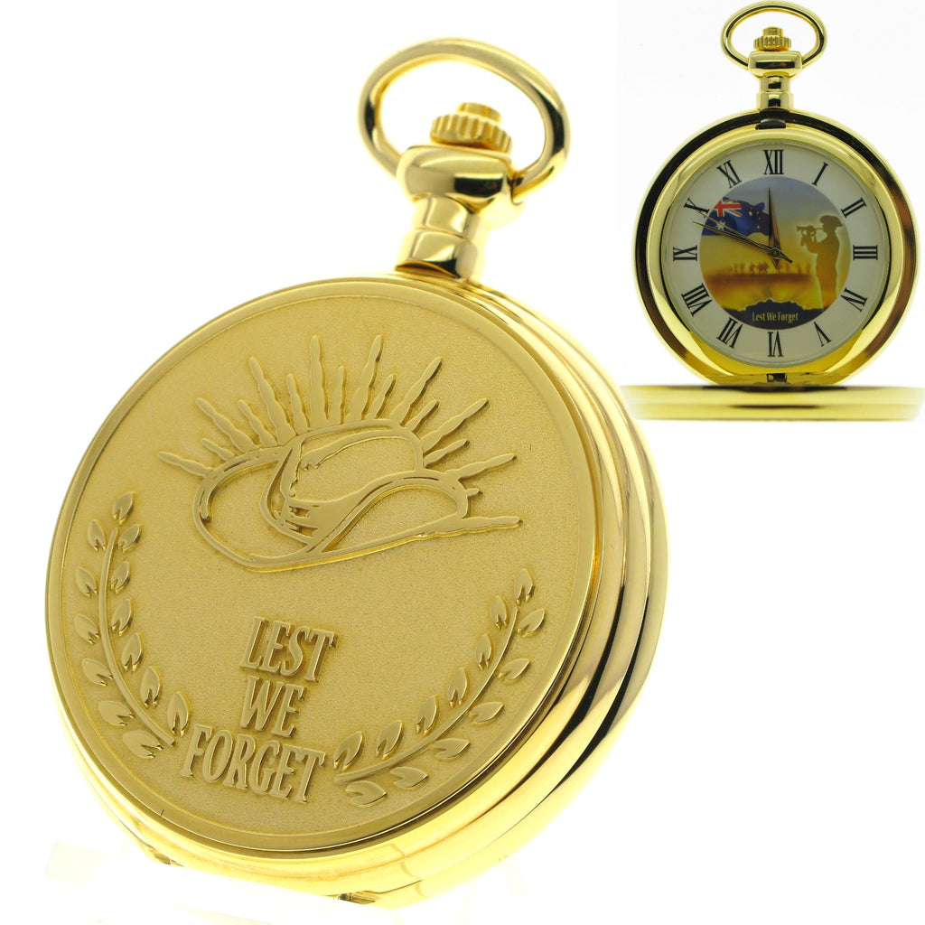 Gold Pocket Watch with LEST WE FORGET engraving on cover
