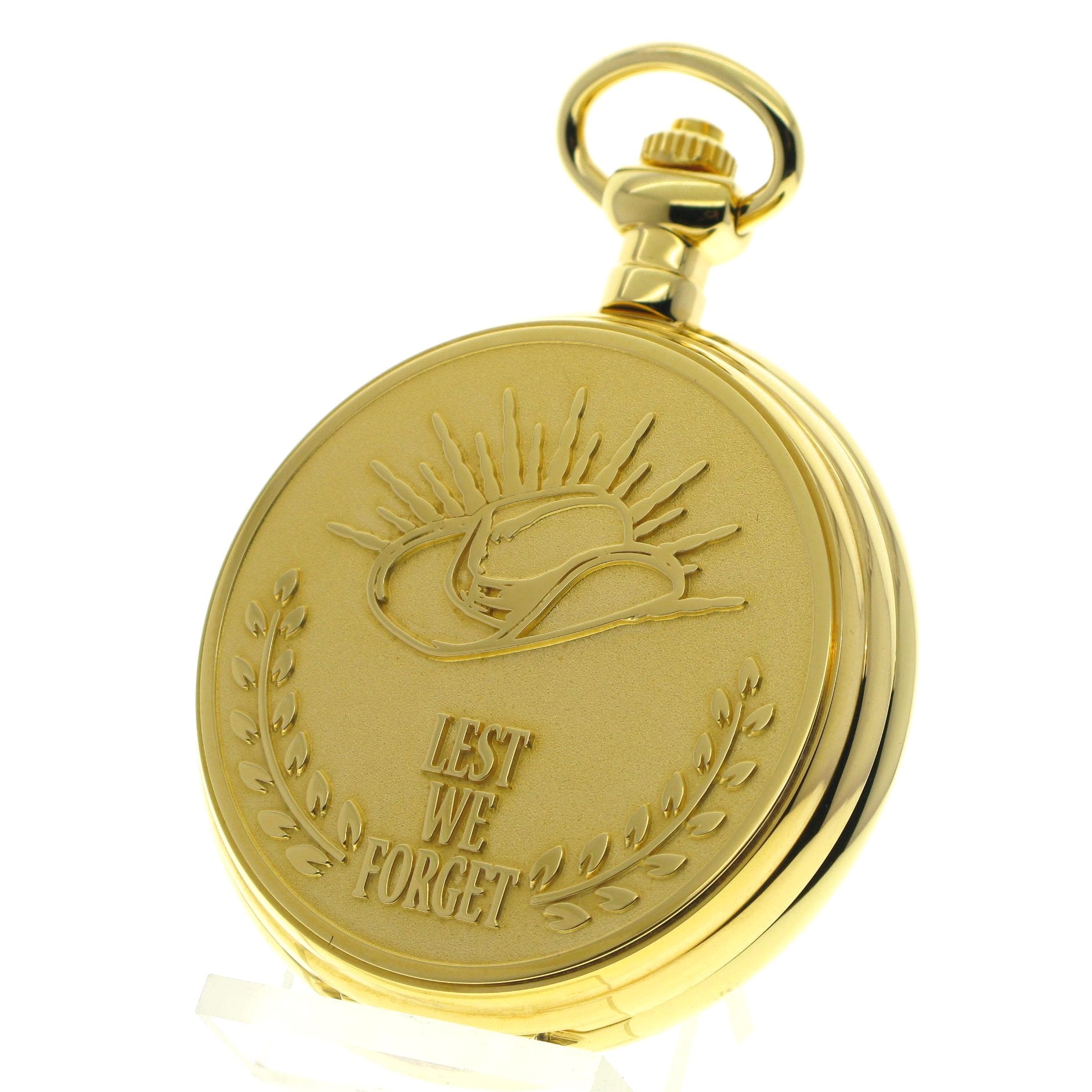 Gold Pocket Watch with LEST WE FORGET engraving logo