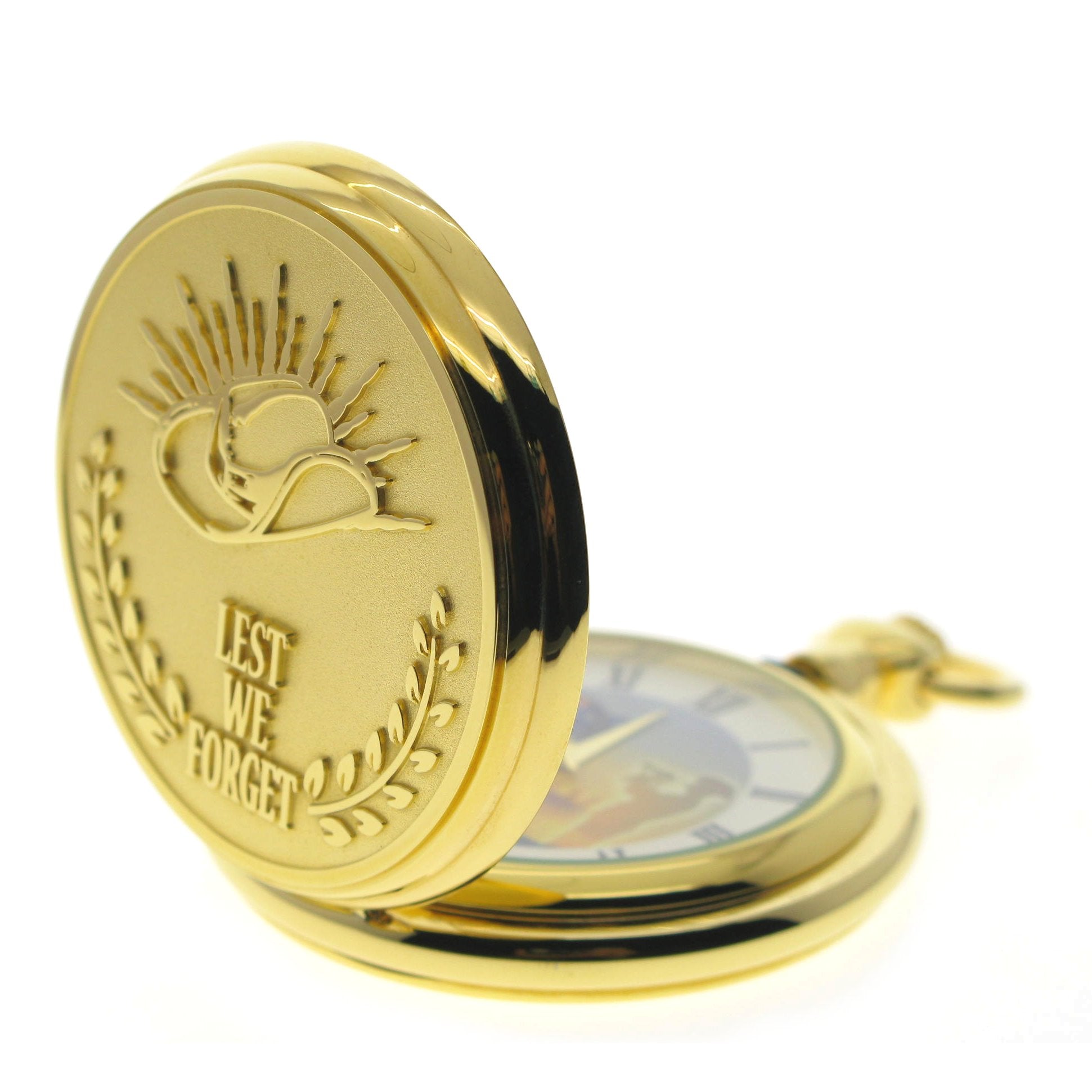 LEST WE FORGET Gold Pocket Watch open view