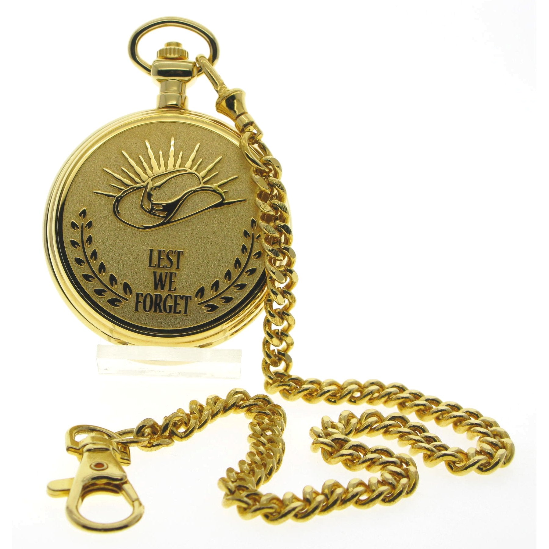 Gold Pocket Watch with LEST WE FORGET engraving cover with Chain