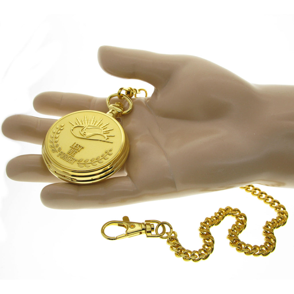 LEST WE FORGET Gold Pocket Watch on hand