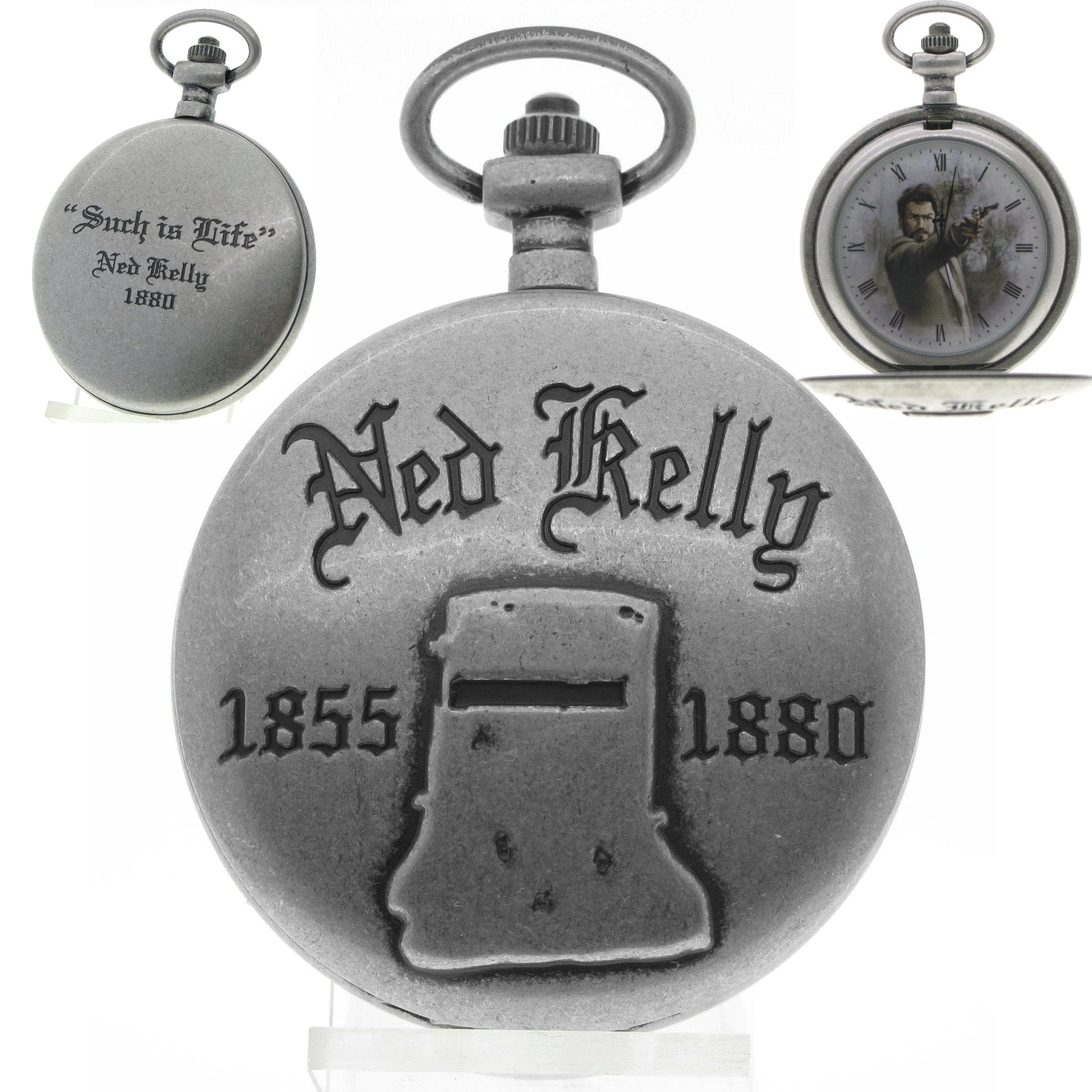 NED KELLY 1855-1880 Memorial Silver Color Pocket Watch Men Gift Set with Fob Chain C74