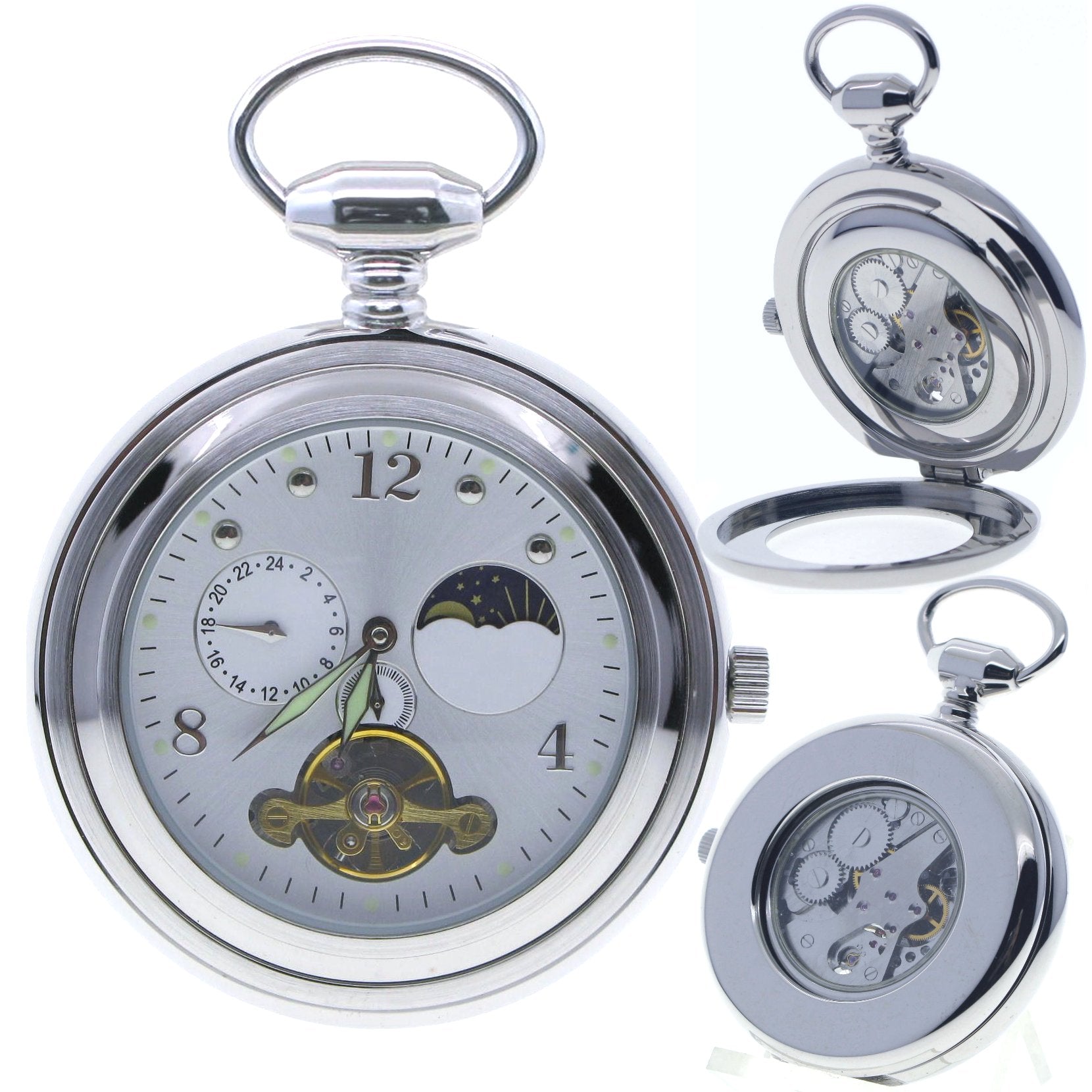 Silver Tourbillon Design Mechanical Pocket Watch with Sun & Moon and 24 Hours