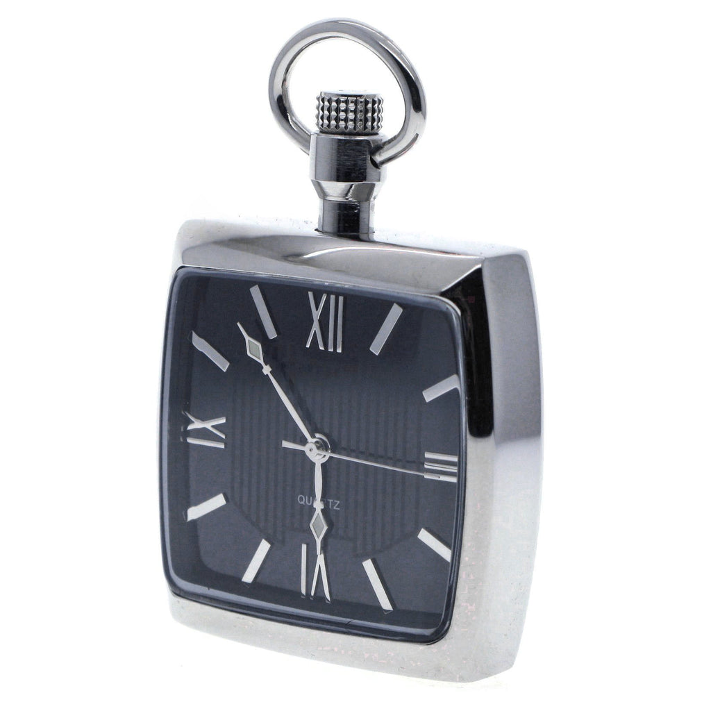 Stainless Steel Square pocket watch with black face and Roman numerals 