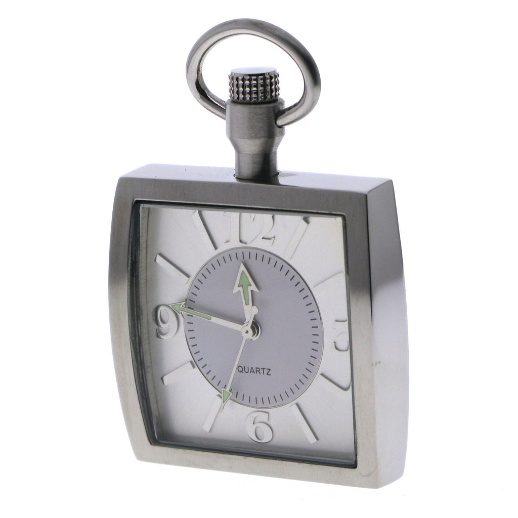Stainless Steel Square Pocket Watch with Silver Dial Arabic Numbers