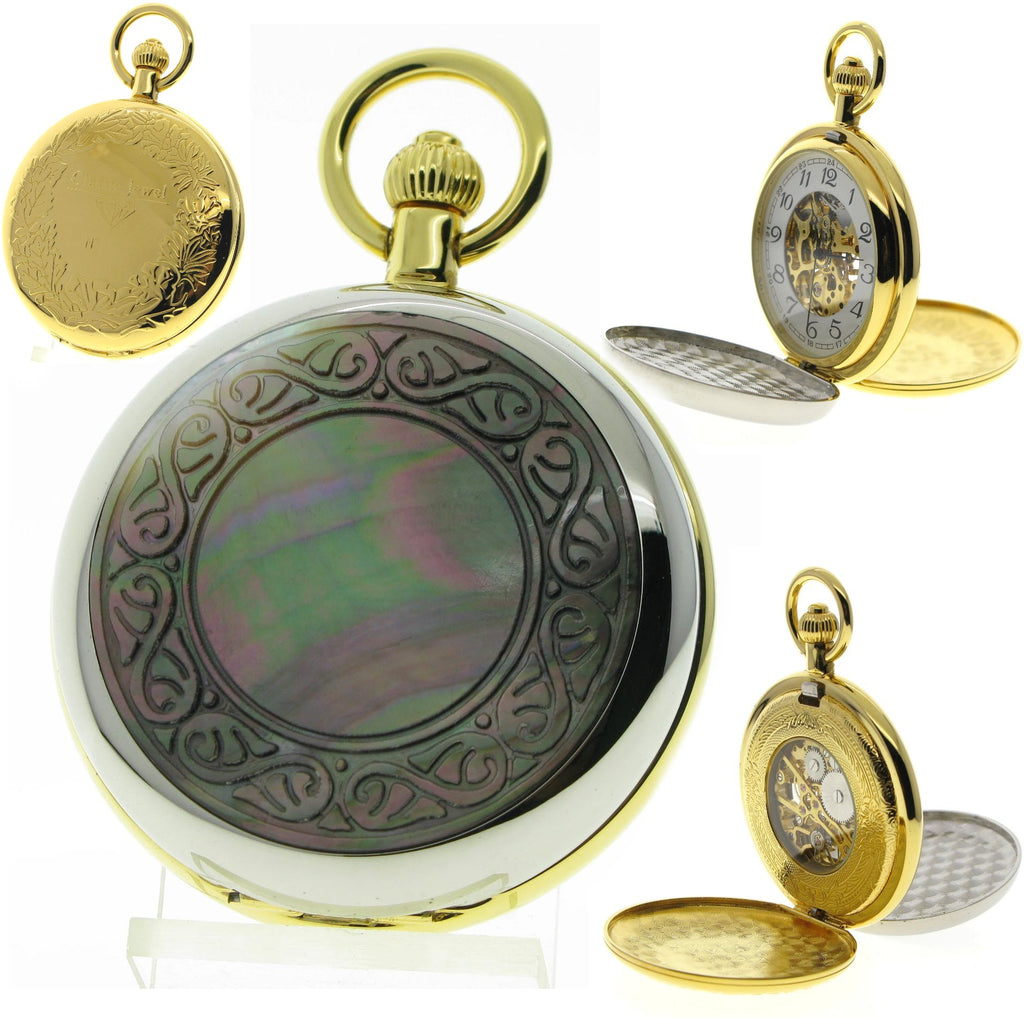 Gold Skeleton Mechanical Double Full Hunter Pocket Watch with MOP Cameo